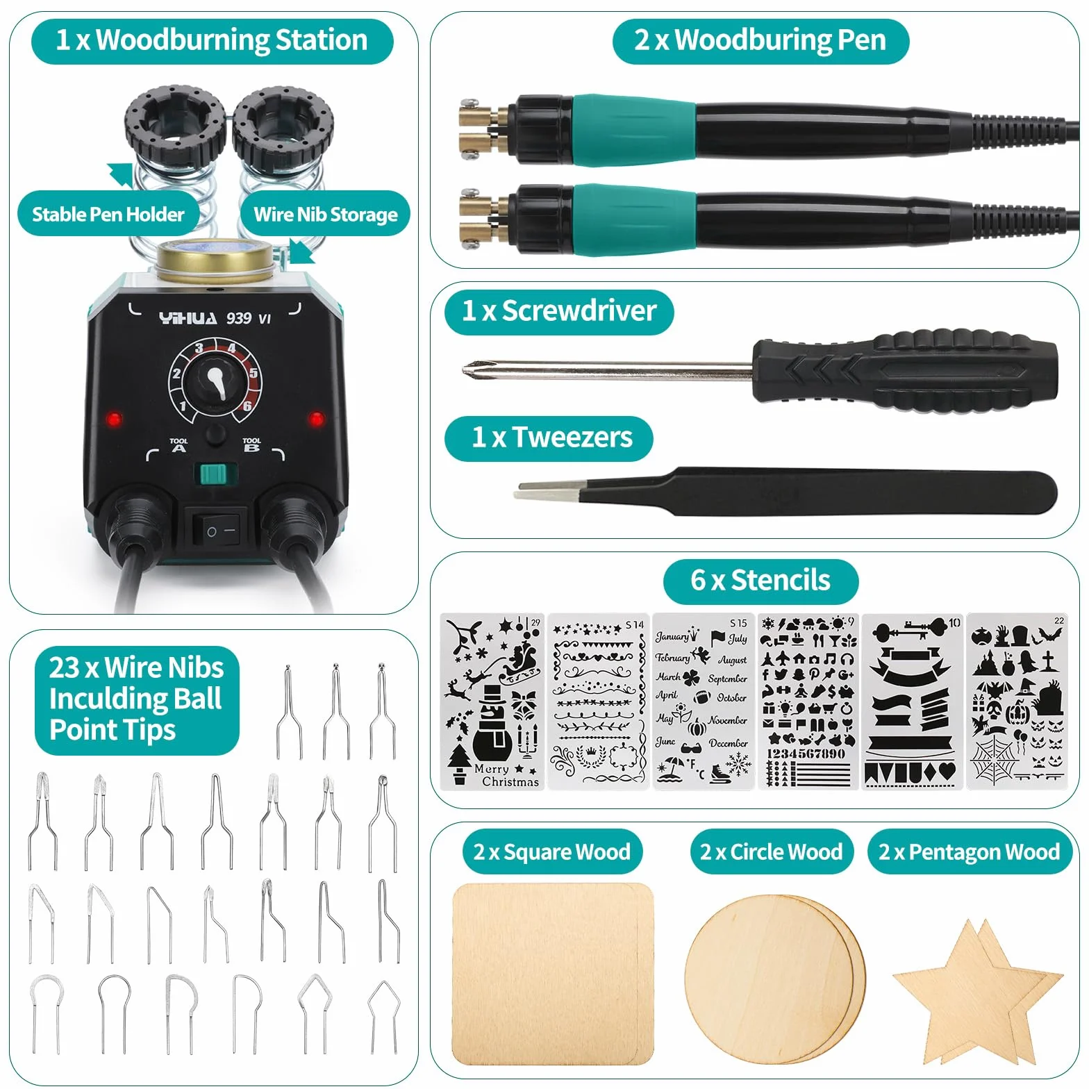 YIHUA 939-VI Kit Pirograbador de Madera de Doble Pluma con 23 Puntas de Alambre, Pluma de Pirografo Desmontable, 6 Piezas de madera Para Pirograbado, 6 Plantillas, Destornillador y Pinzas