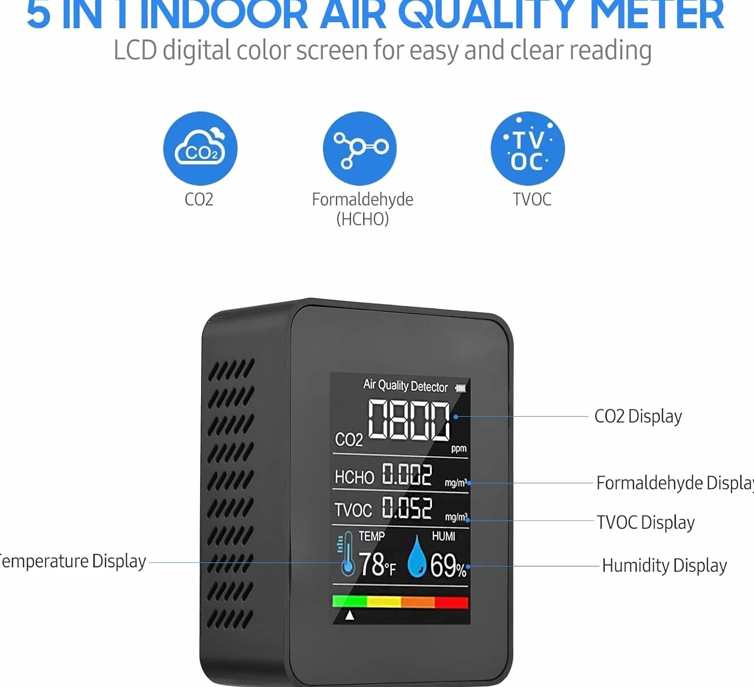 Medidor CO2 Detector CO2 Gas, 5 en 1 Detector de CO2 con Pantalla LED Medidor de Humedad y Temperatura TVOC HCHO Dormitorio Oficina Coche