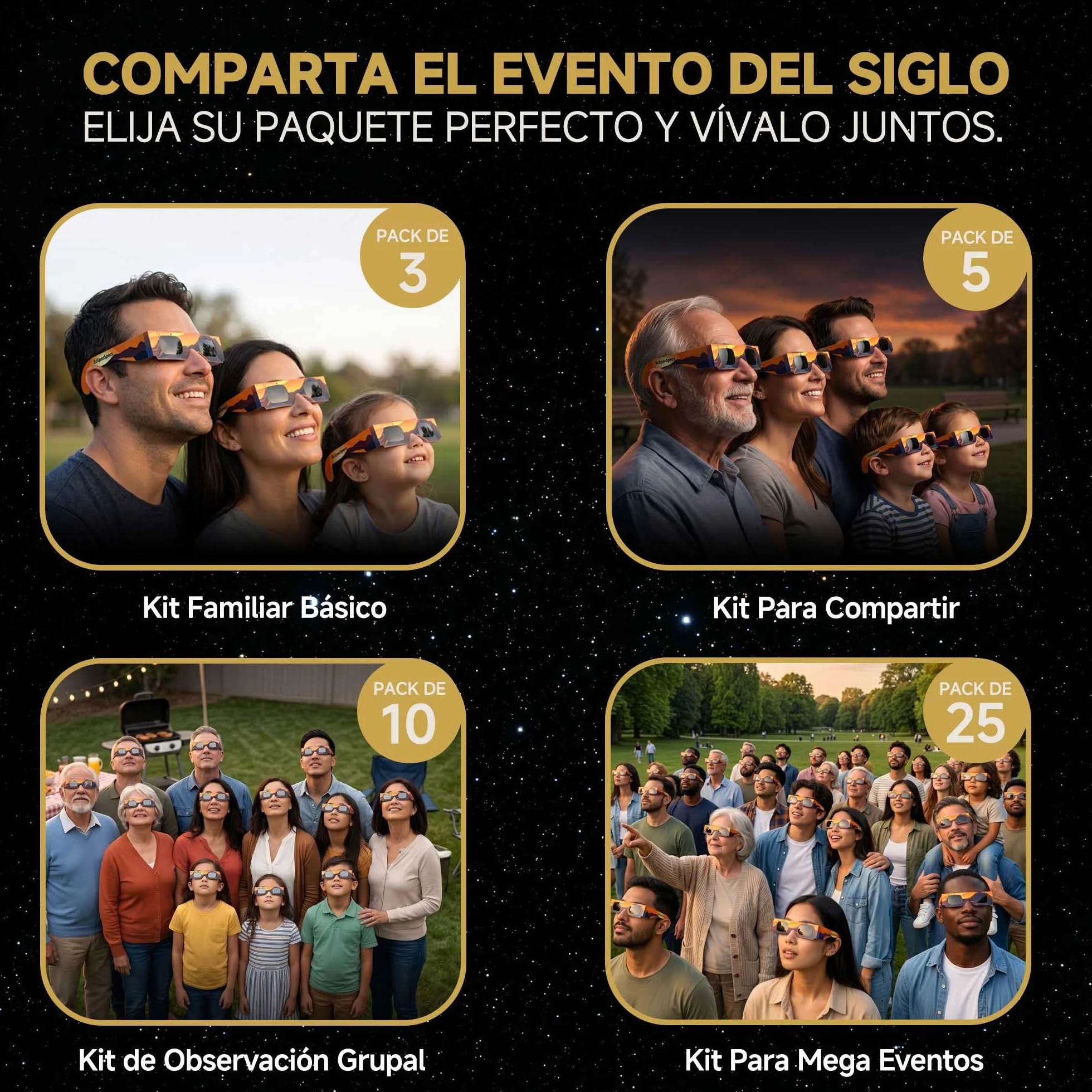 Gafas Eclipse Solar Homologadas ISO 12312-2 Certificación CE - 3 Paquete