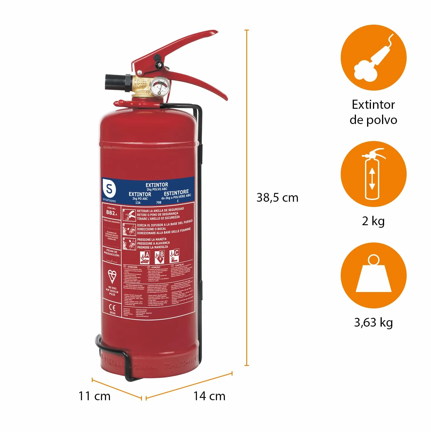 Smartwares Extintor de Polvo 2 kg para Fuegos ABC con Soporte de Montaje