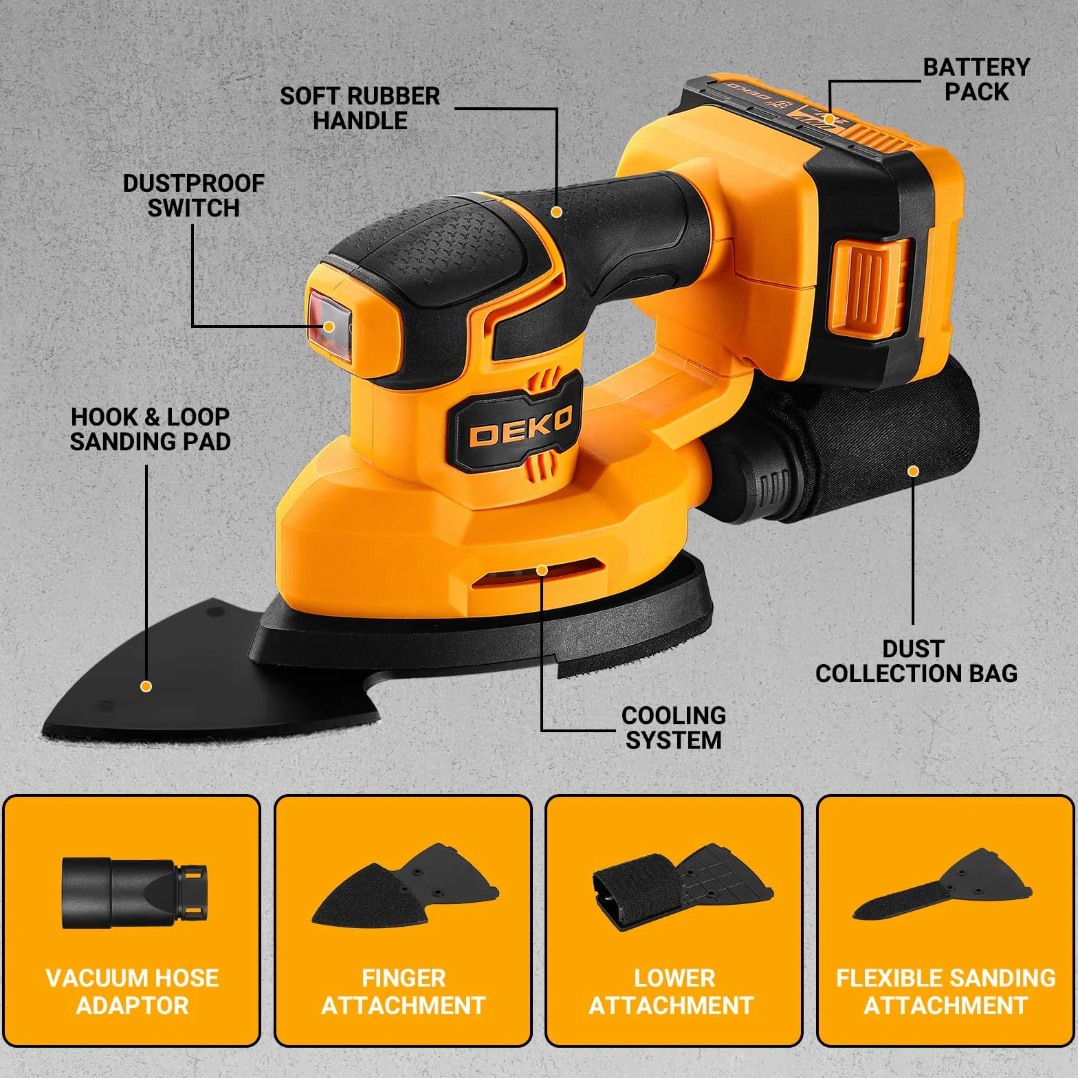 DEKOPRO 20V Lijadora Madera, Alimentada por Batería, 13000 RPM, Incluye 3 Accesorios Adicionales y 12 Hojas de Lija, Lijadora Madera Incluye Batería de 2,0 Ah y Cargador, Amarillo y Negro