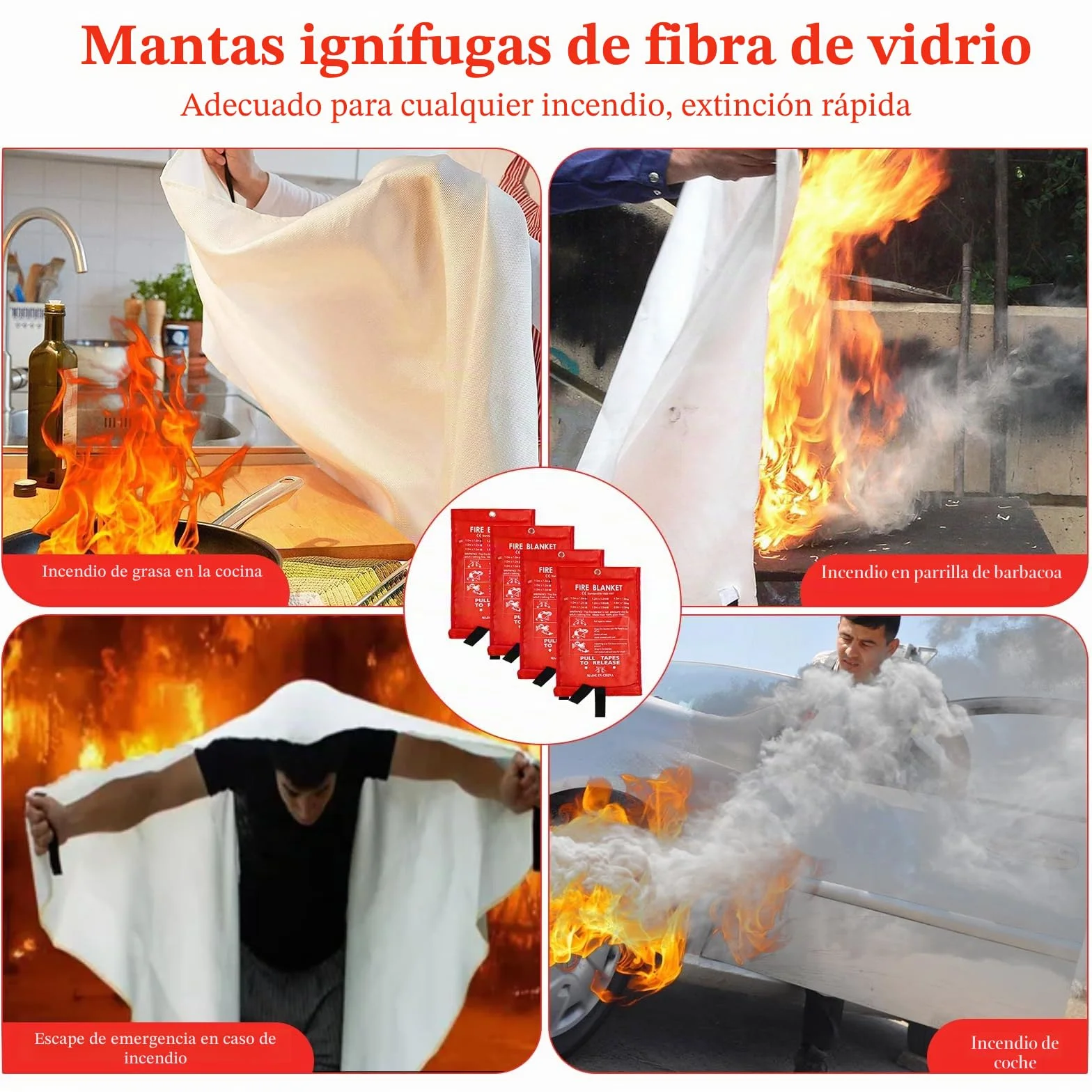 4 Piezas Manta Ignífuga, 1m x 1m Manta de Fuego de Fibra de Vidrio, Manta de Emergencia contra Incendios, Manta contra Incendios, Manta Ignífuga de Emergencia para Casa Cocina