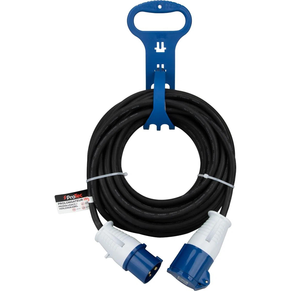 Protec, cable alargador blanco CEE P17 de 15 m, cable H07RN-F 3G2,5 mm², IP44 resistente al agua y al polvo, organizador incluido, ideal para camping, obras y eventos al aire libre.