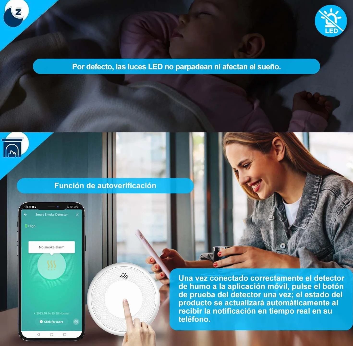 Detector de Humo Inteligente Wi-Fi, batería 10 años, EN 14604, 1 Pieza, App Tuya/Smart Life