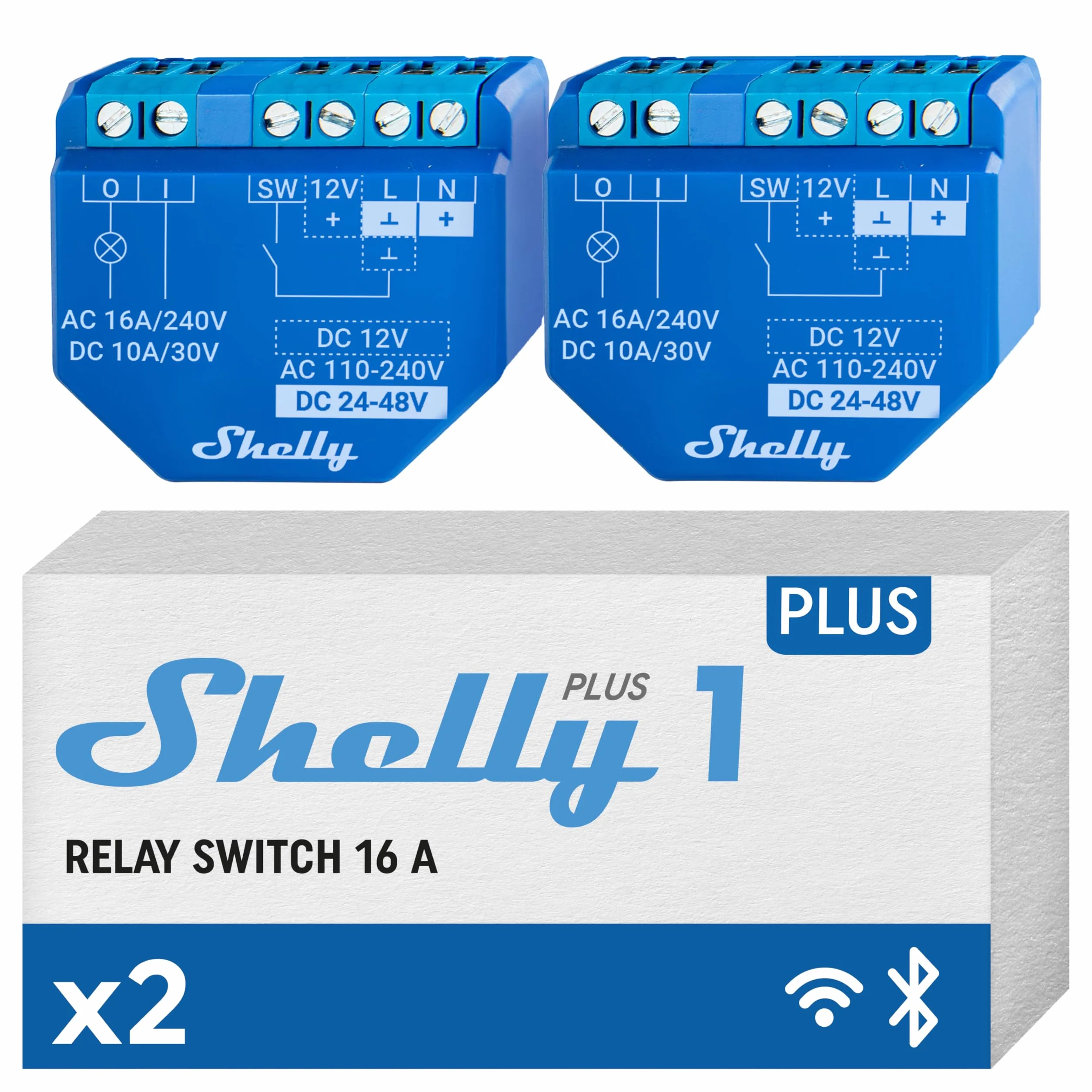 Shelly Plus 1, Relé Interruptor Inteligente Wi-Fi & Bluetooth, Luces Inalámbricas, Compatible Con Alexa & Google Home, Control remoto por iOS Android App, No necesita hub (2 Piezas)