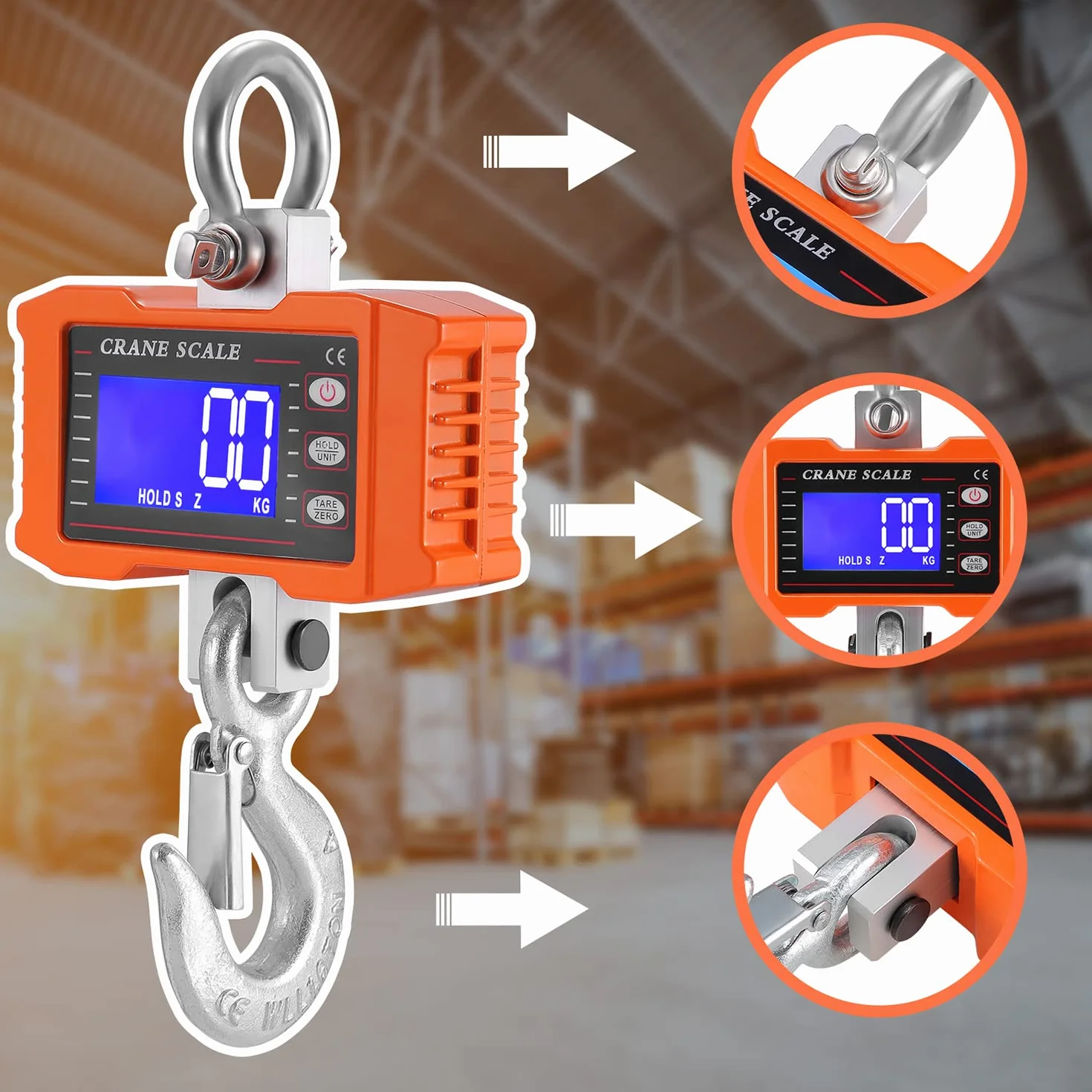Báscula colgante con mando a distancia 1000kg 2200 lbs, Báscula digital industrial para grúa de servicio pesado con sensor de muelle de carga precisa y pantalla LCD Crane Scale Báscula de gancho