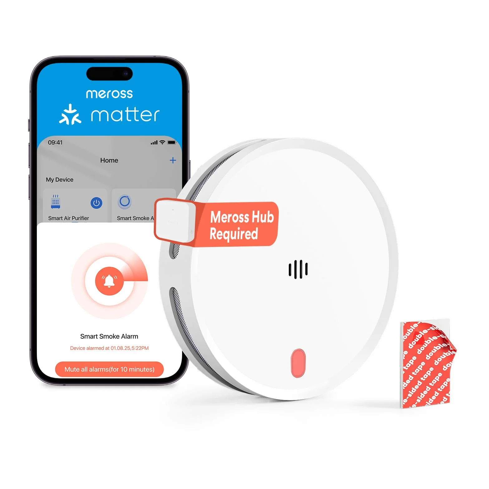 Meross Smart Detector De Humo Conectado con Notificación App, Alarma De Incendios WiFi con Doble Sensor Óptico, Detector De Humos, 33 mm, Hub Requerido, 1 Unidad