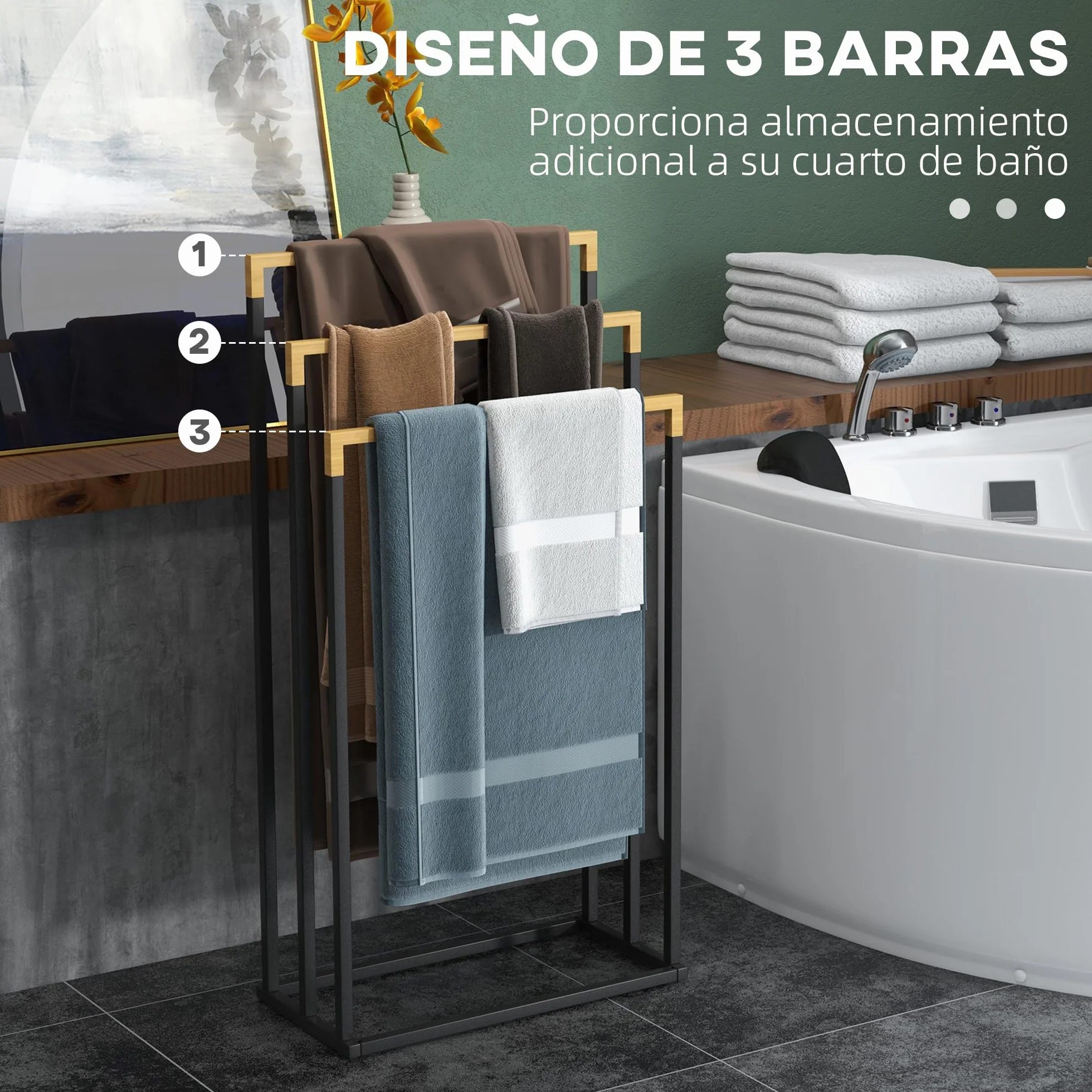 Kleankin Toallero Escalera 3 Niveles con 3 Barras de Bambú y Marco de Acero para Baño 45x22,5x86 cm Negro y Natural