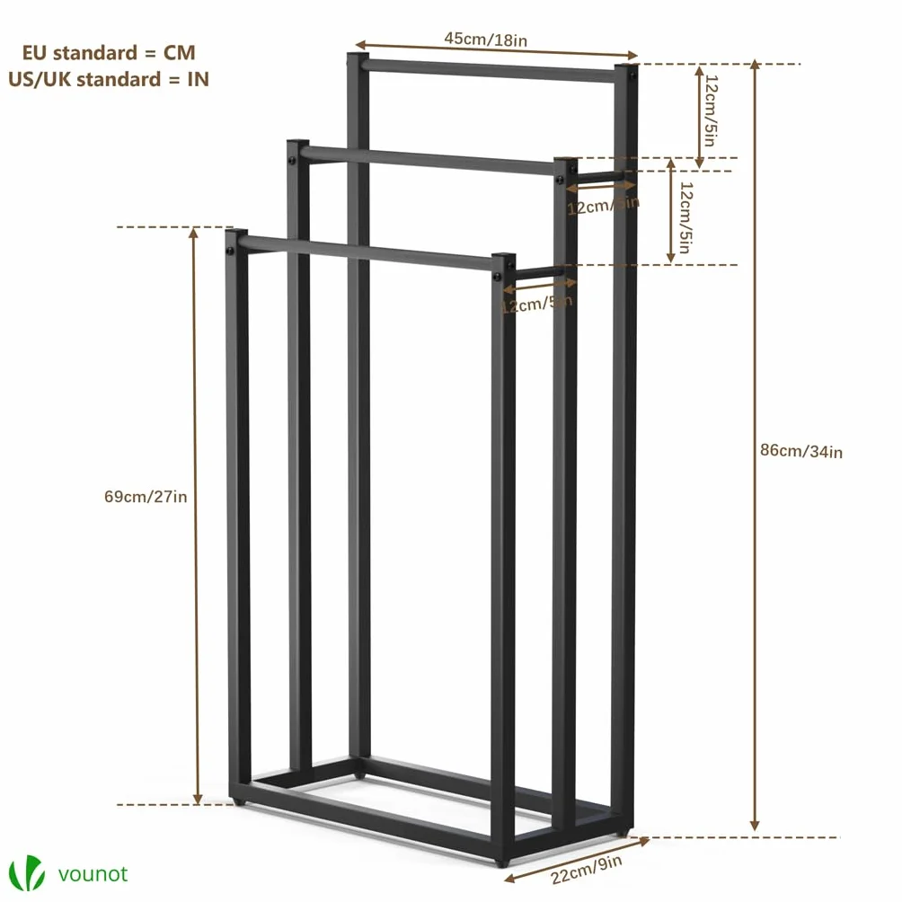 VOUNOT Toallero de Pie 3 Niveles Escalera Metal 45x22x86cm Negro Baño