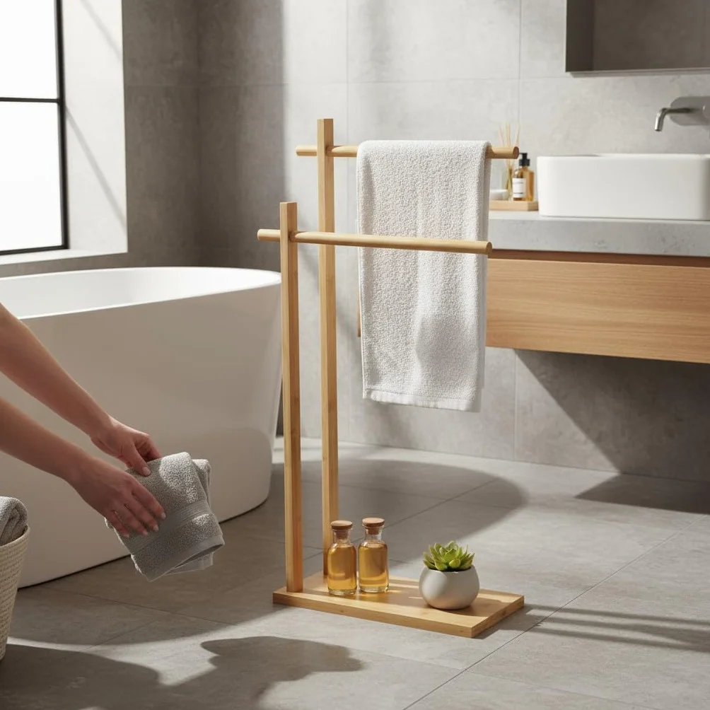 Toallero de pie portátil de madera bambú con 2 porta toallas de barras para baño