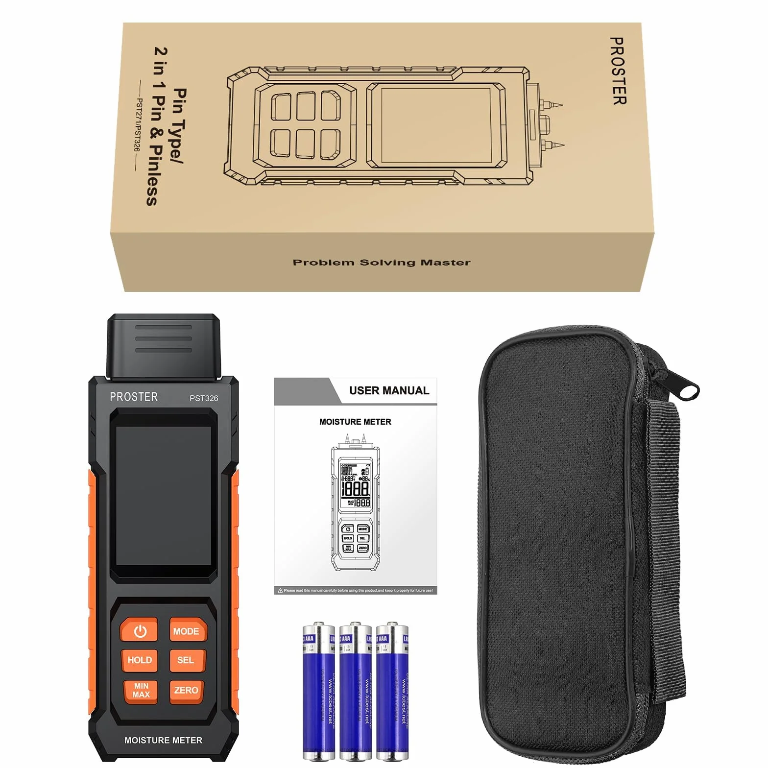 Proster Medidor de Humedad de Madera Probador de Humedad 2 EN 1 con y sin Pin Humidímetro Digital con 4 Modos y Temperatura y Humedad Ambientales para Madera y Materiales de Construcción