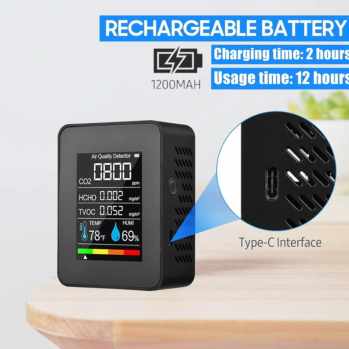Medidor CO2 Detector CO2 Gas, 5 en 1 Detector de CO2 con Pantalla LED Medidor de Humedad y Temperatura TVOC HCHO Dormitorio Oficina Coche