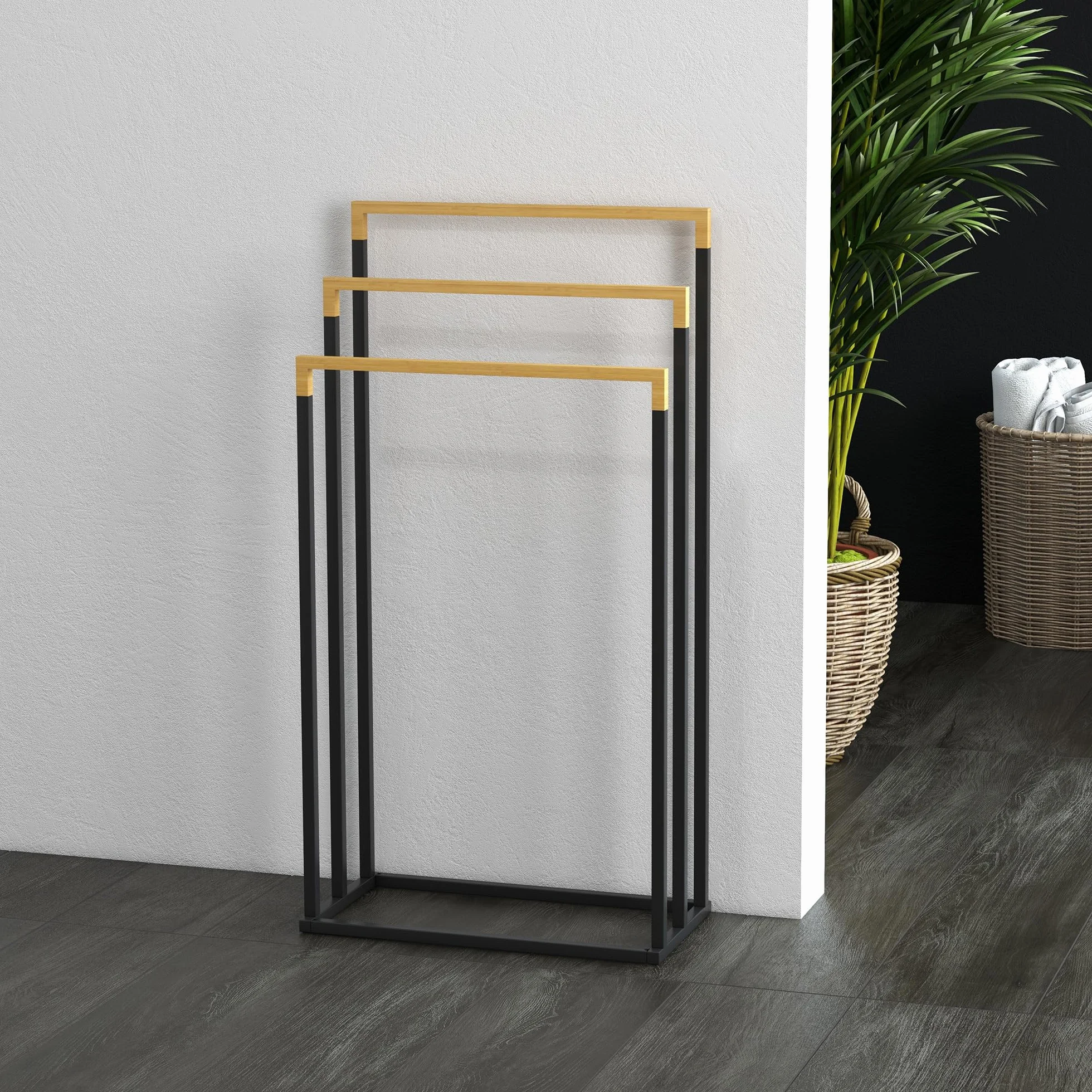 Kleankin Toallero Escalera 3 Niveles con 3 Barras de Bambú y Marco de Acero para Baño 45x22,5x86 cm Negro y Natural