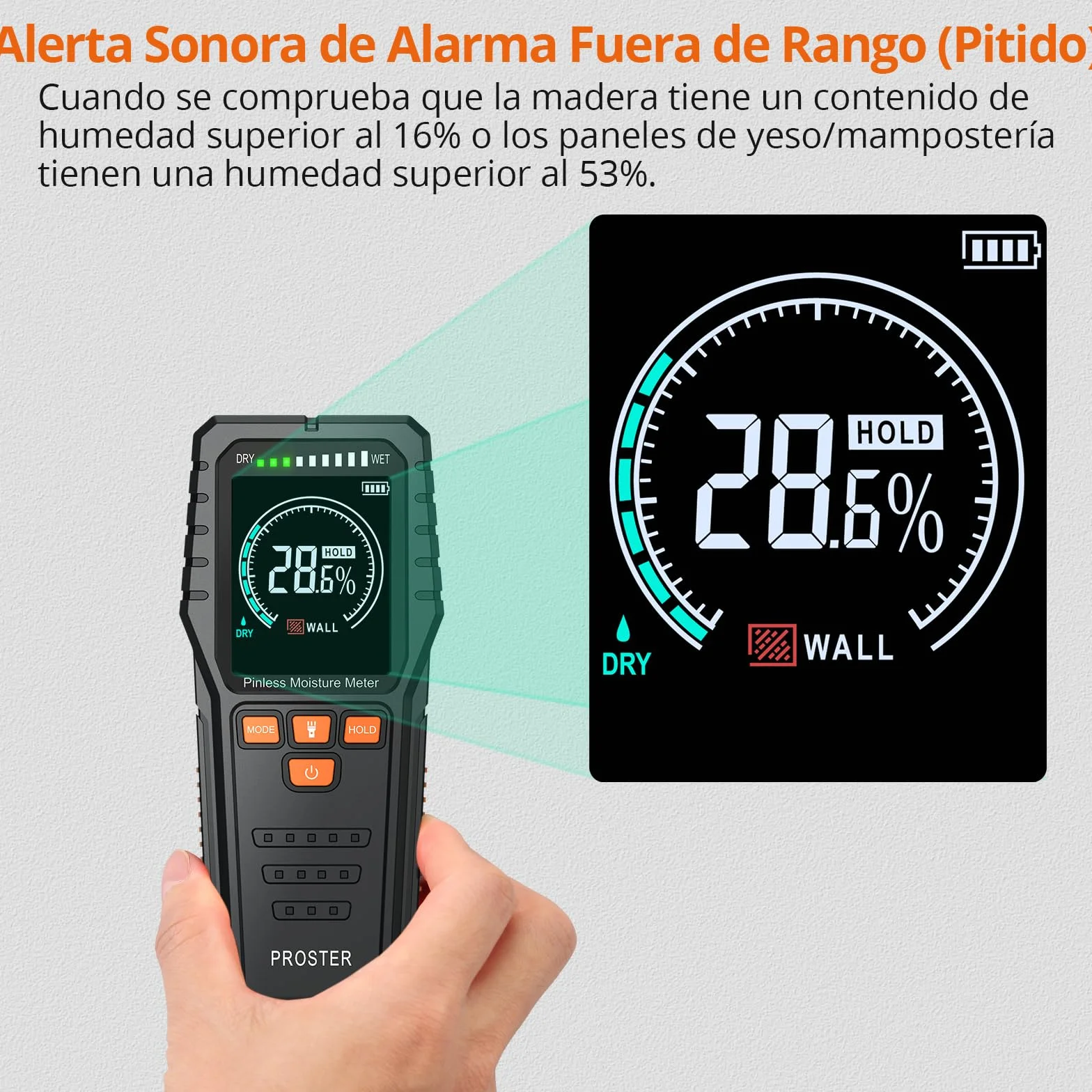 Proster Medidor de Humedad con Batería y Pantalla LCD Medidor de Humedad de Madera Sin Pin con Botón HOLD, Alarma,Función de Apagado Automático Detector de Humedad para Paredes de Yeso y Madera,etc