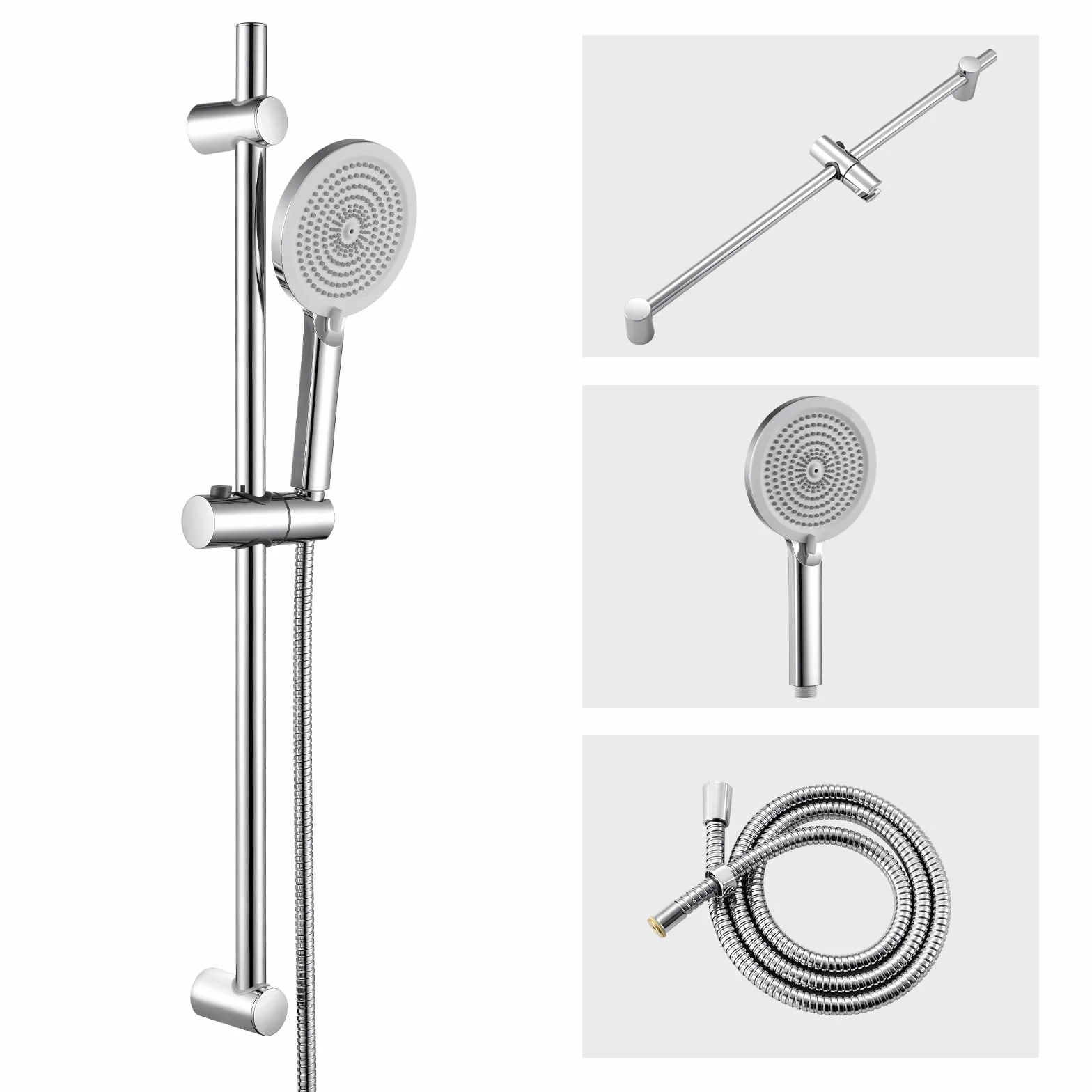 Auralum Barra Ducha,Conjunto Barra Ducha de Acero Inoxidable 70cm con Alcachofa de Ducha 4 Funciones, Manguera 150cm y Soporte Ajustable, Compatible con orificios Existentes, Cromo
