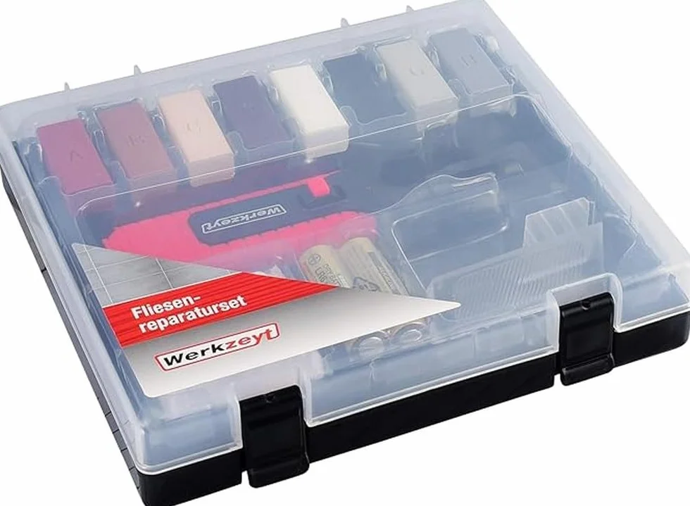 Kit de reparación de azulejos de 14 piezas – 8 tonos diferentes – Incluye cera derretidor, cepillo y esponja de lijado – Adecuado para superficies lisas de todo tipo/Kit de reparación para