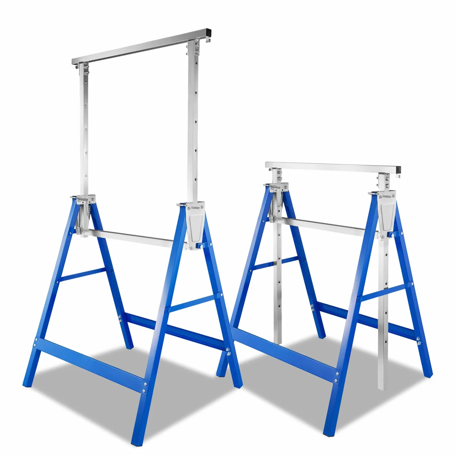 Juego de 2 caballetes telescópicos, altura de trabajo variable 80-130 cm, altura regulable en 7 posiciones, soporte de metal, carga máxima de 200 kg, color azul