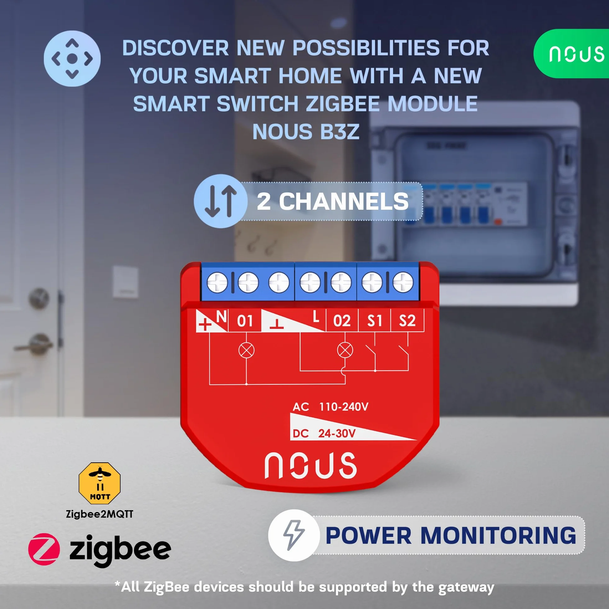 NOUS Módulo de Interruptor Inteligente ZigBee con Medición de Potencia, 2 Canales, AC 16A/DC 10A, Contactos Secos, Compatible con Alexa, Zigbee2MQTT, Google Assistant, Home Assistant, Tuya