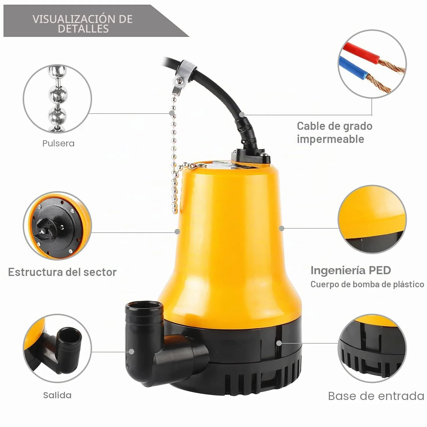 Bomba sumergible DC 12V 60W 3600L/h para estanque con cable 1,3 m