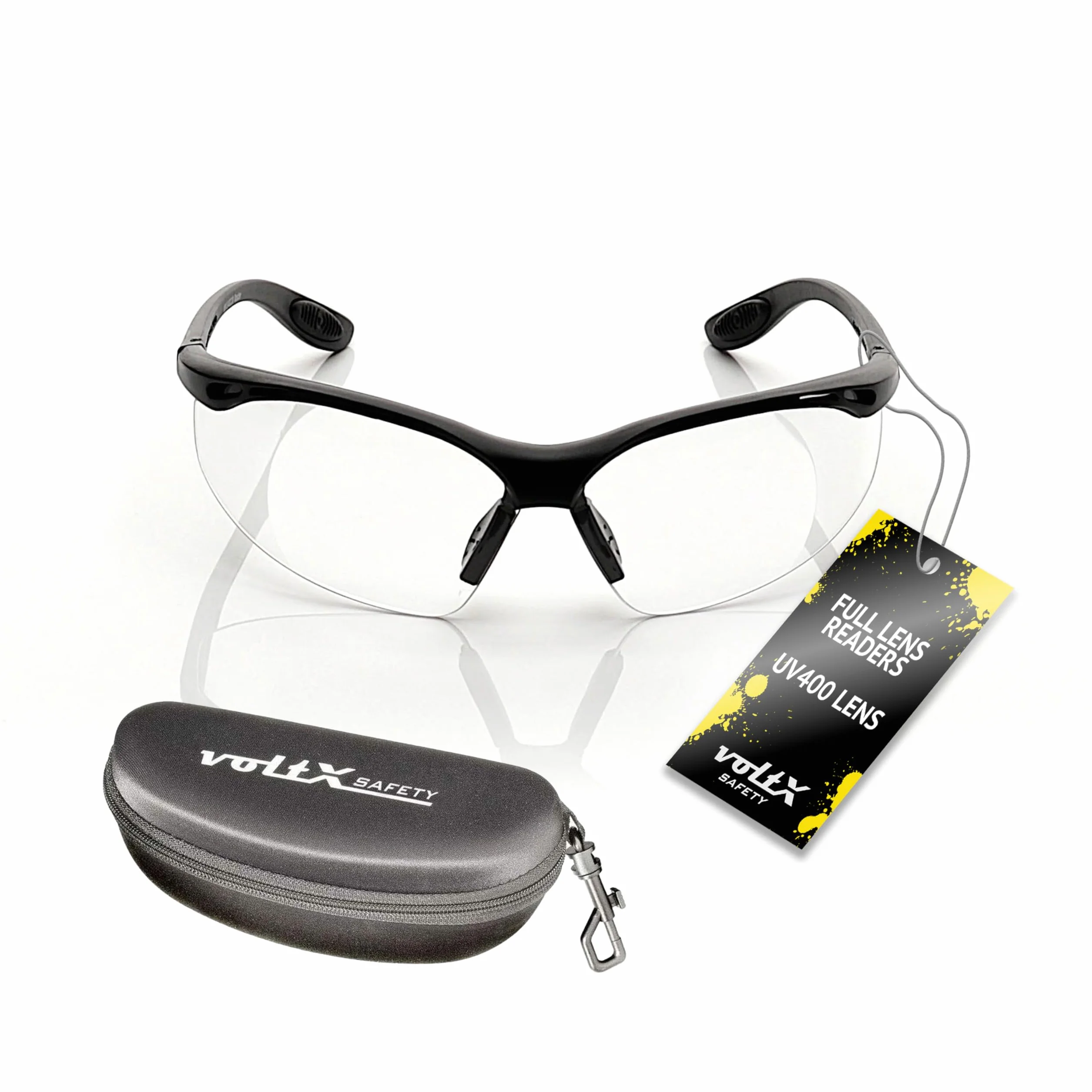 voltX 'Constructor' (TRANSPARENTES dioptría +2,00) Gafas de Seguridad con aumento total de lente (no bifocal), incluye cordón con tope regulable y funda rígida + Lente UV400 con recubrimiento antivaho