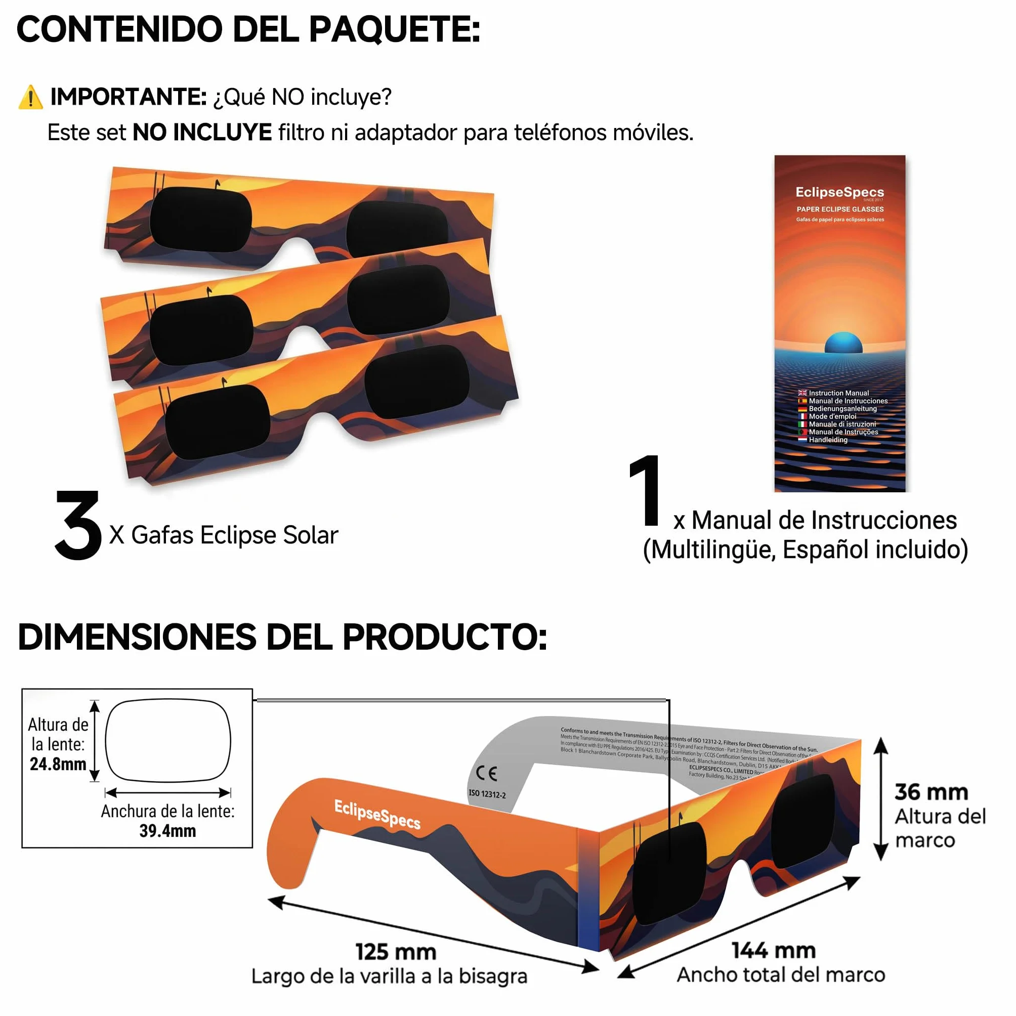 Gafas Eclipse Solar Homologadas ISO 12312-2 Certificación CE - 3 Paquete
