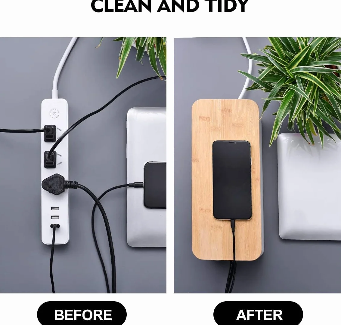 Caja Organizadora Cables con Tapa de Madera, 3 Piezas, Negra con Bridas, para Regletas Router Escritorio