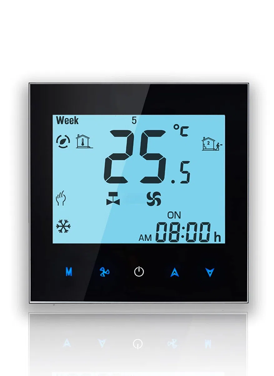 Serie 1000 Termostato WiFi 4 Tubos para Aire Acondicionado Fan Coil Blanco Retroiluminado con Conexión WiFi para Soporte de Voz Inteligente (4 Tubos, Negro(WiFi))