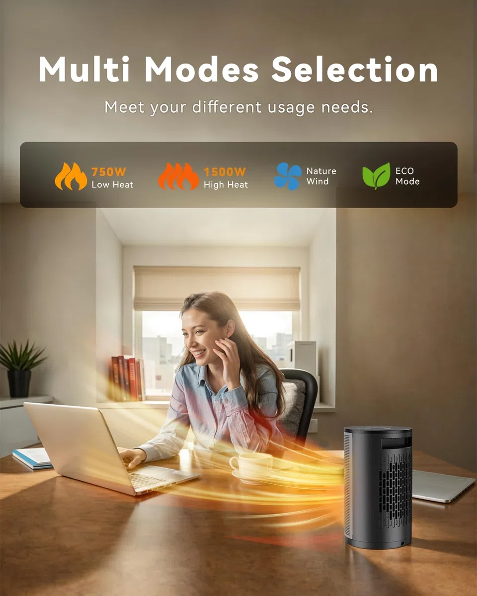 PALINTH Calefactor Bajo Consumo,1500W PTC Ceramico Radiador Electrico, 4 Modos, Temporizador 8H, Modo ECO, Protección Sobrecalentamiento/Vuelco Apto interior