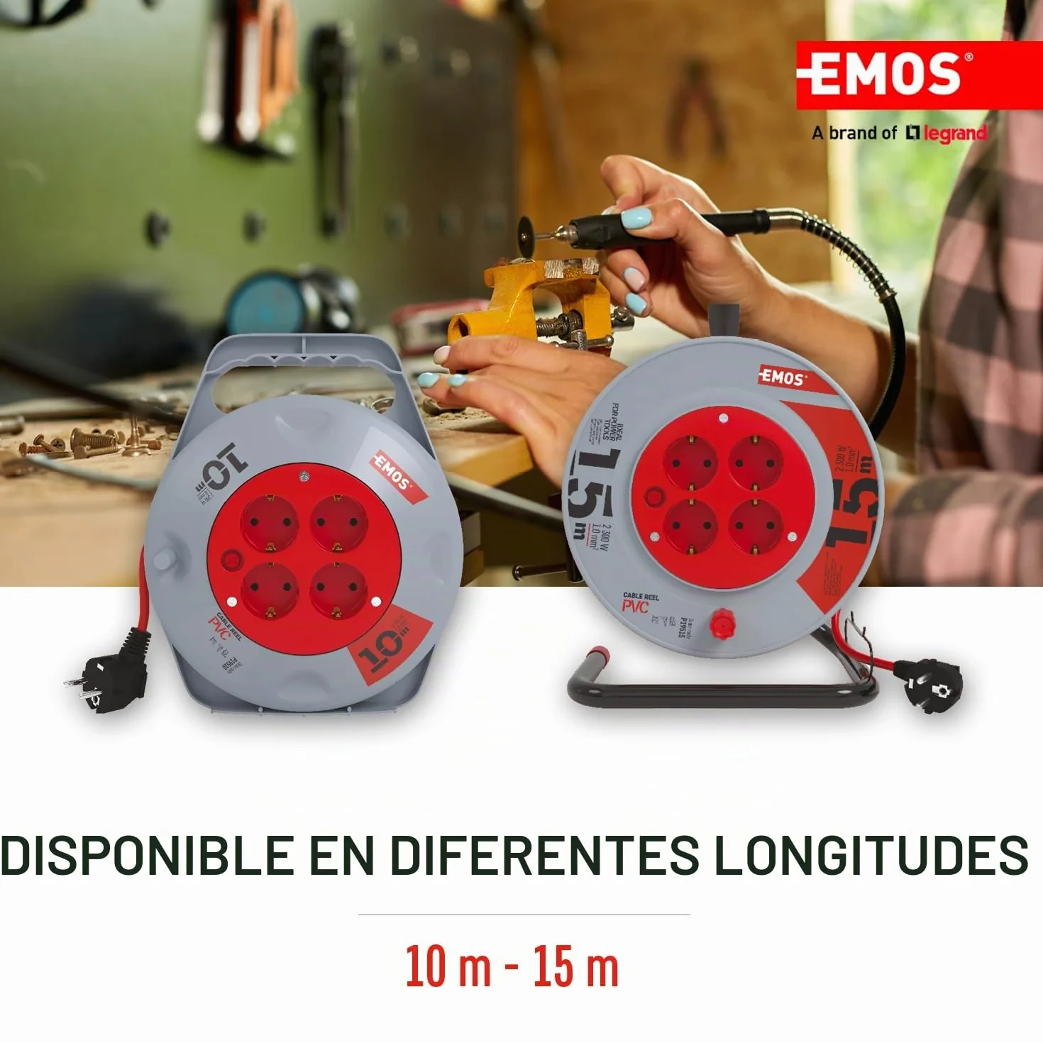 EMOS Mini enrollador de Cable 10 m 4 enchufes Schuko 230 V 10 A 2300 W H05VV-F3G 1,0 mm2 IP20