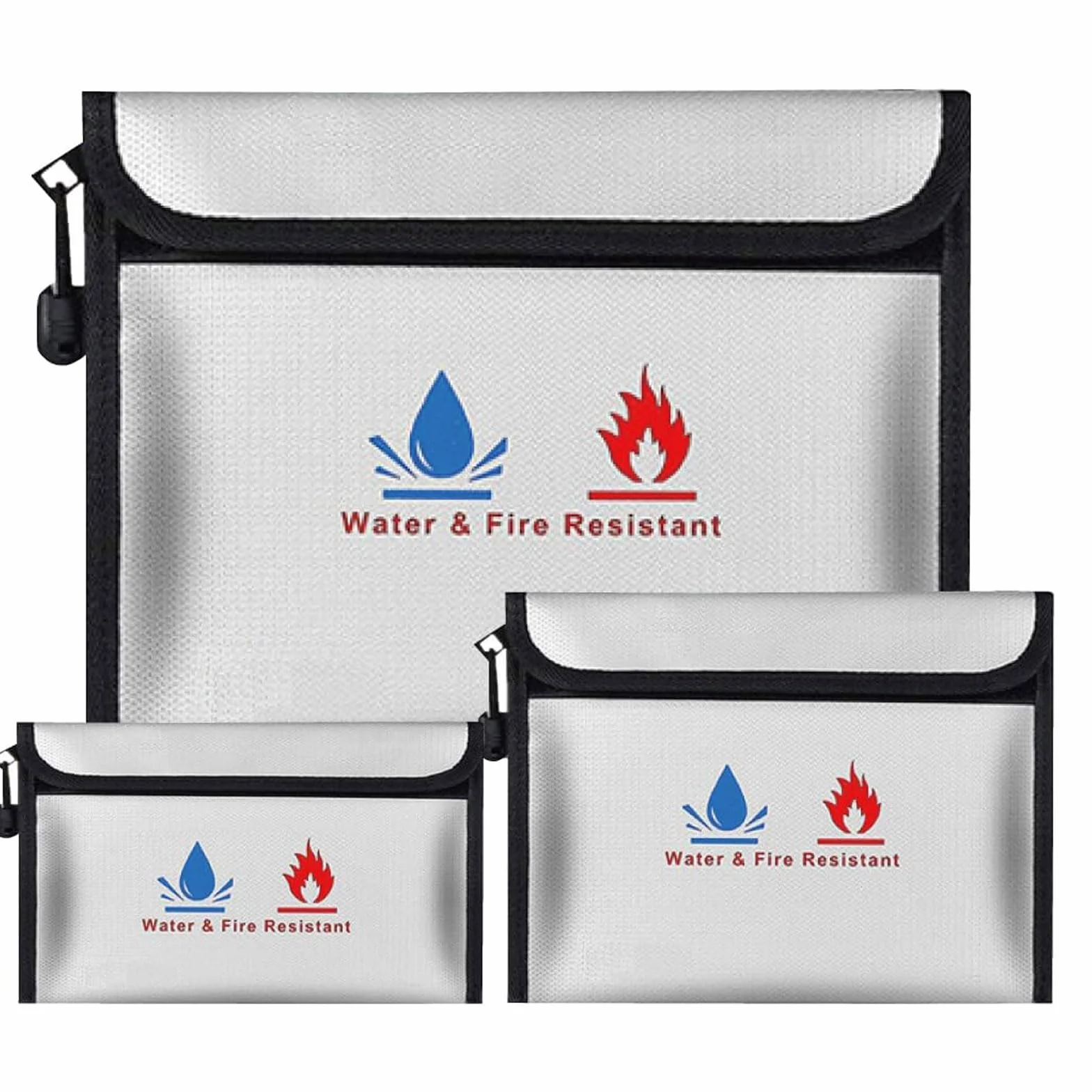 Bolsa de archivo ignífugo de 3 piezas,material de fibra de vidrio de doble capa - bolsa de almacenamiento de seguridad ignífuga e impermeable para proteger objetos de valor, pasaportes, documentos