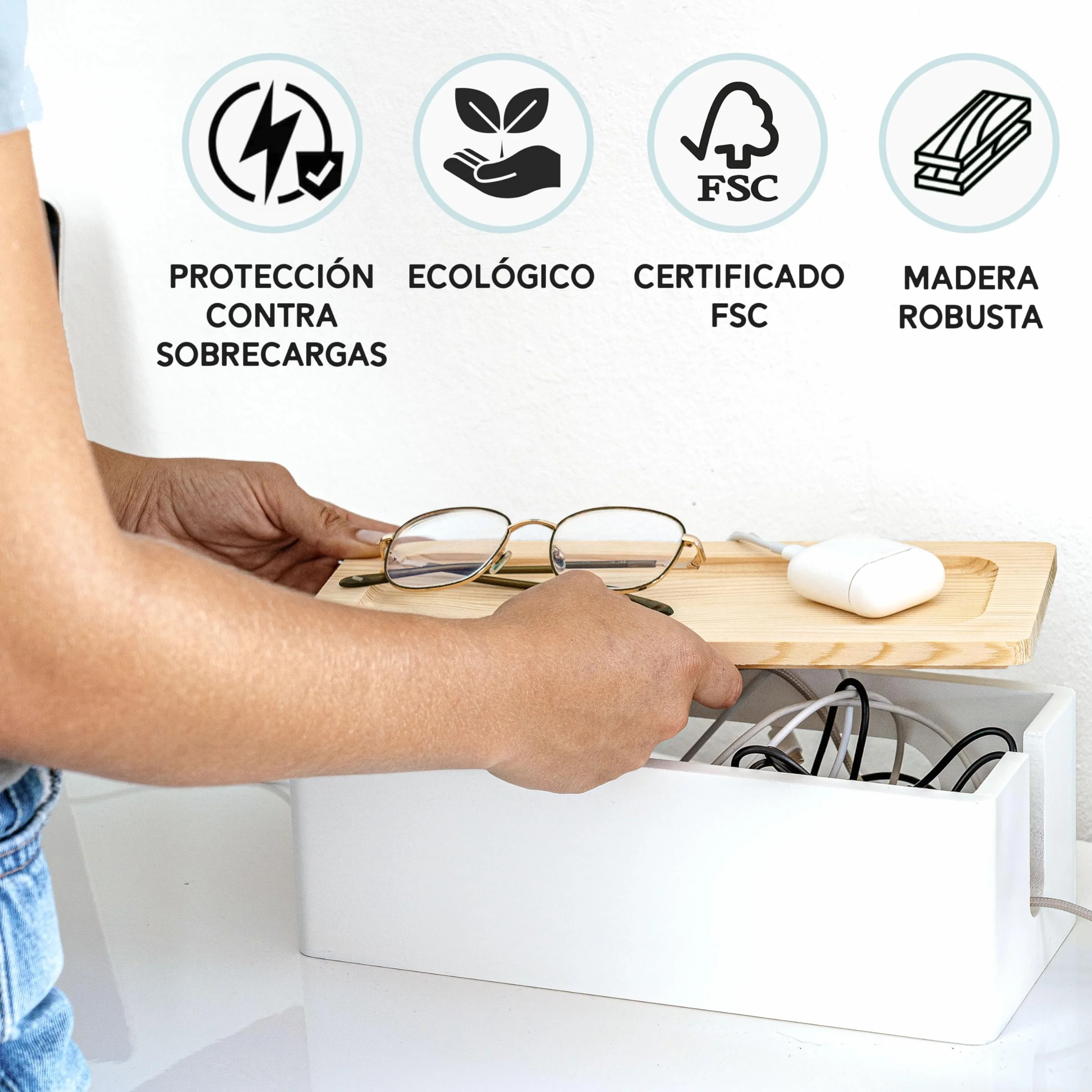 Nature Supplies Organizador de Cables de Madera de Pino Blanco - Caja Mediana para Escritorio y Grande para Piso