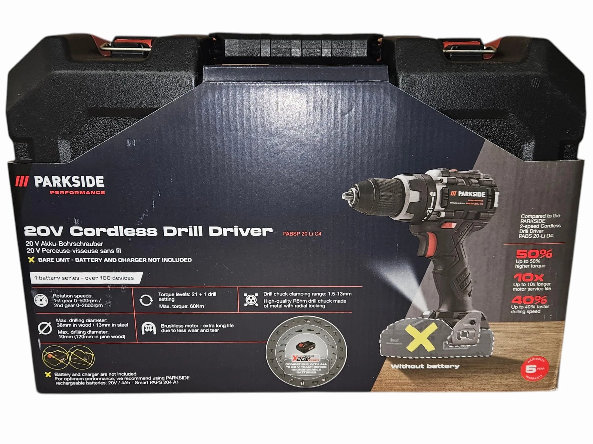 Destornillador inalámbrico PARKSIDE PERFORMANCE PABSP 20 Li X20V, sin escobillas, LED, 60 Nm (en maletín de transporte, sin batería ni cargador)