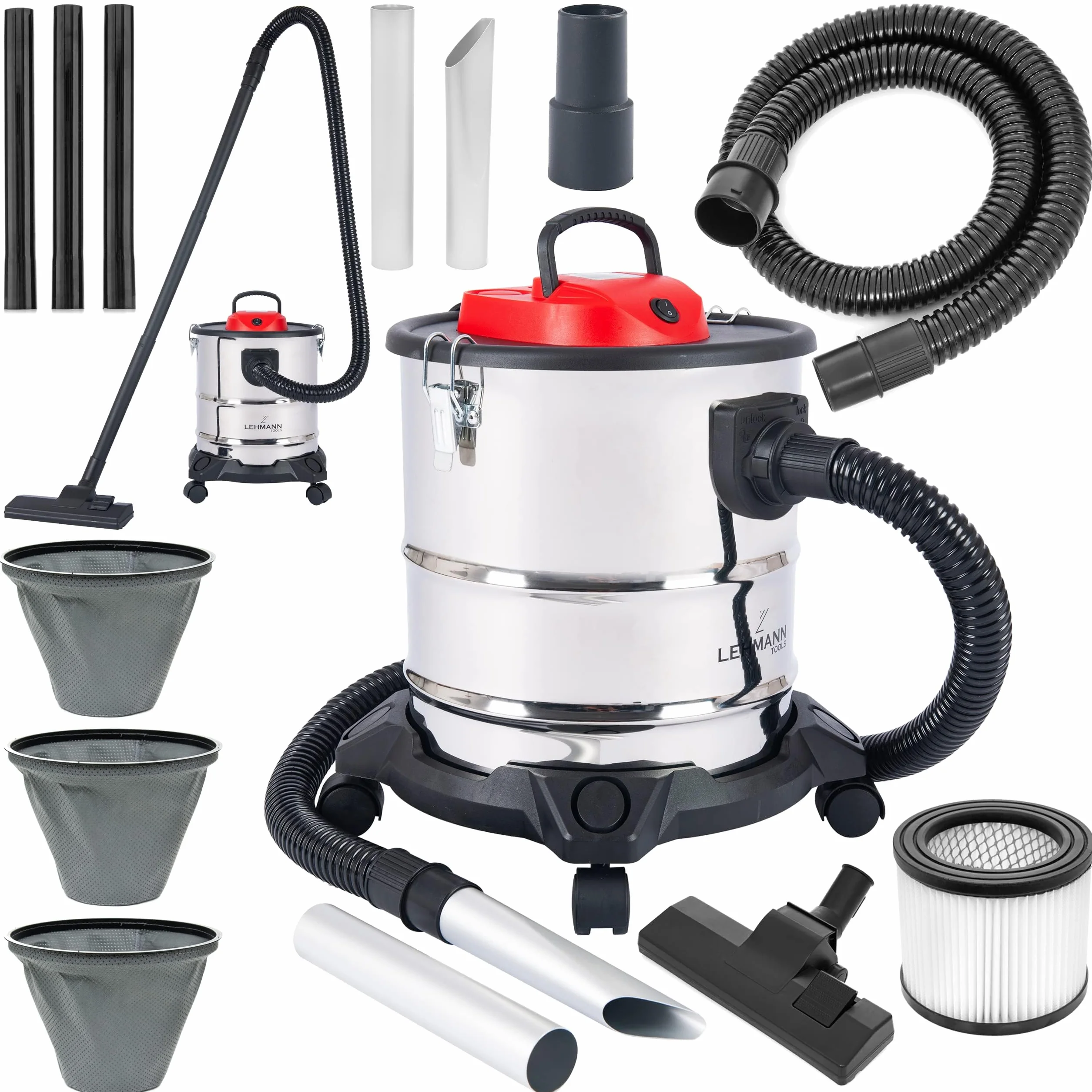 LEHMANN Aspiradora Industrial 3 en 1, 2000W, Aspirador de Cenizas con Depósito de 20 litros de Acero Inoxidable, Filtro HEPA, Sistema de Filtración Doble, Función Soplador, Alcance de hasta 6 m