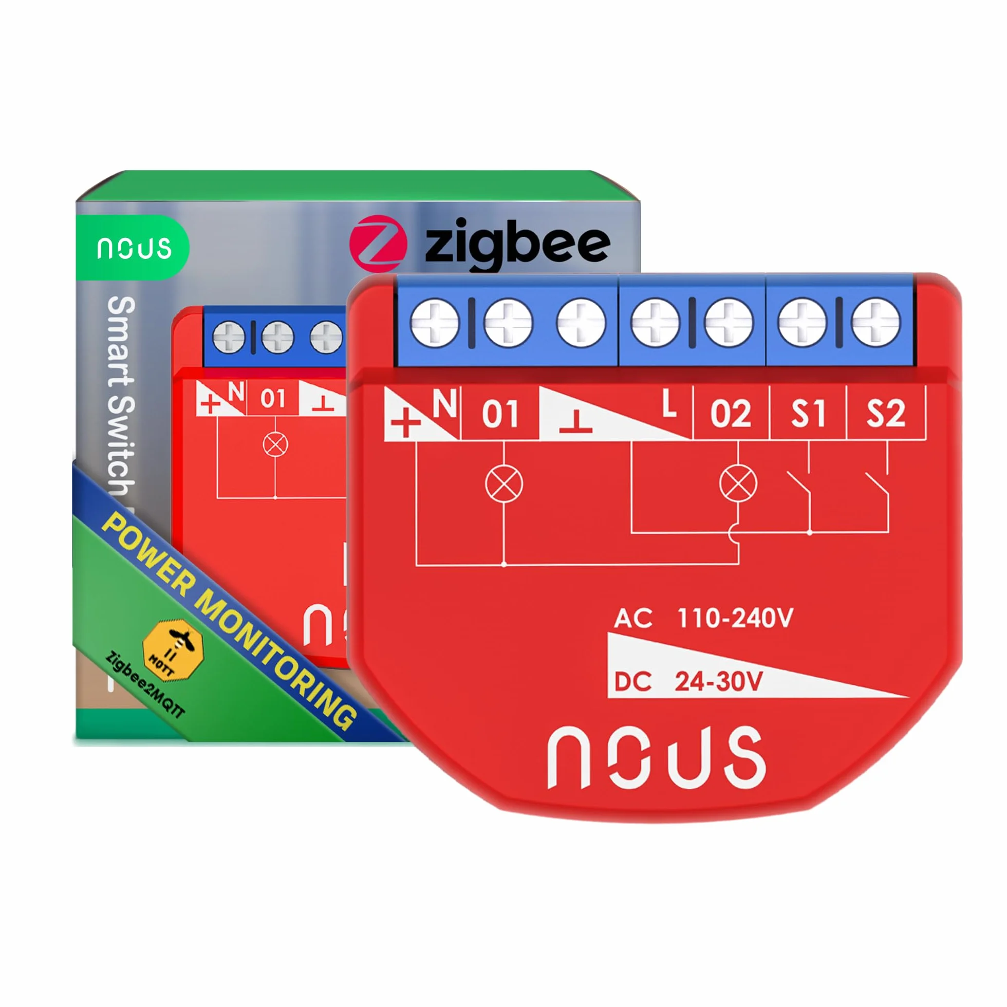 NOUS Módulo de Interruptor Inteligente ZigBee con Medición de Potencia, 2 Canales, AC 16A/DC 10A, Contactos Secos, Compatible con Alexa, Zigbee2MQTT, Google Assistant, Home Assistant, Tuya