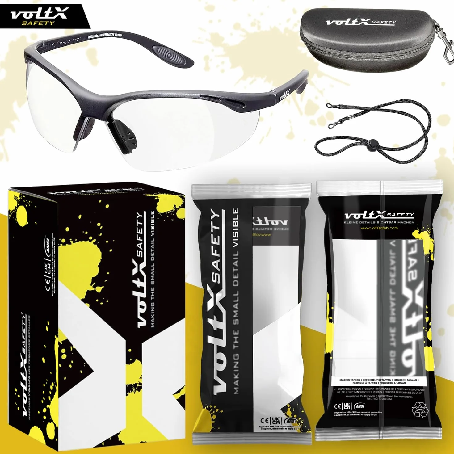 voltX 'Constructor' (TRANSPARENTES dioptría +2,00) Gafas de Seguridad con aumento total de lente (no bifocal), incluye cordón con tope regulable y funda rígida + Lente UV400 con recubrimiento antivaho