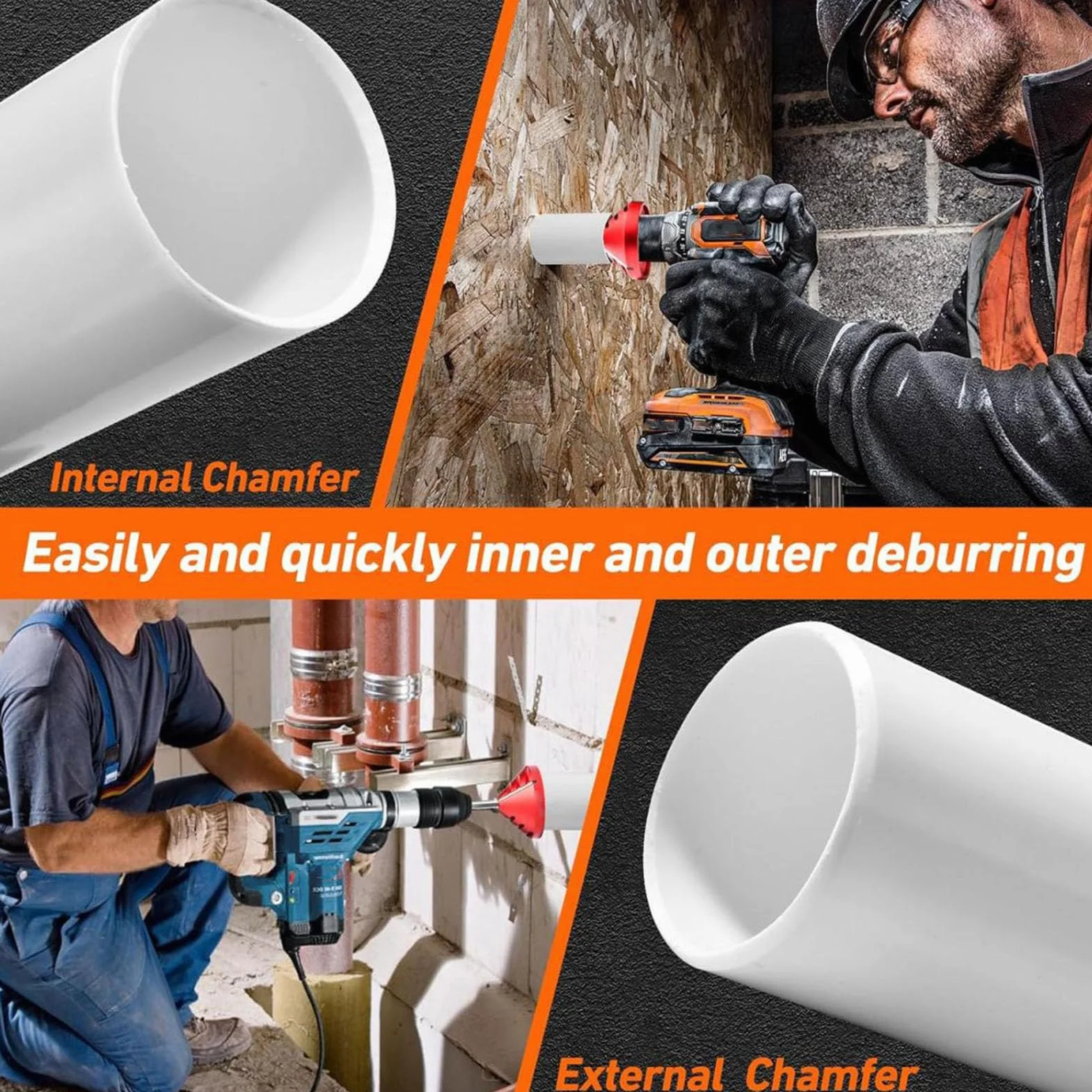Herramienta de Desbarbado de Tuberías de PVC con Escariador Interior y Exterior, Herramienta de Chaflán de Tubos con Escariador de Acero Inoxidable para Tuberías y Tubos de PVC,