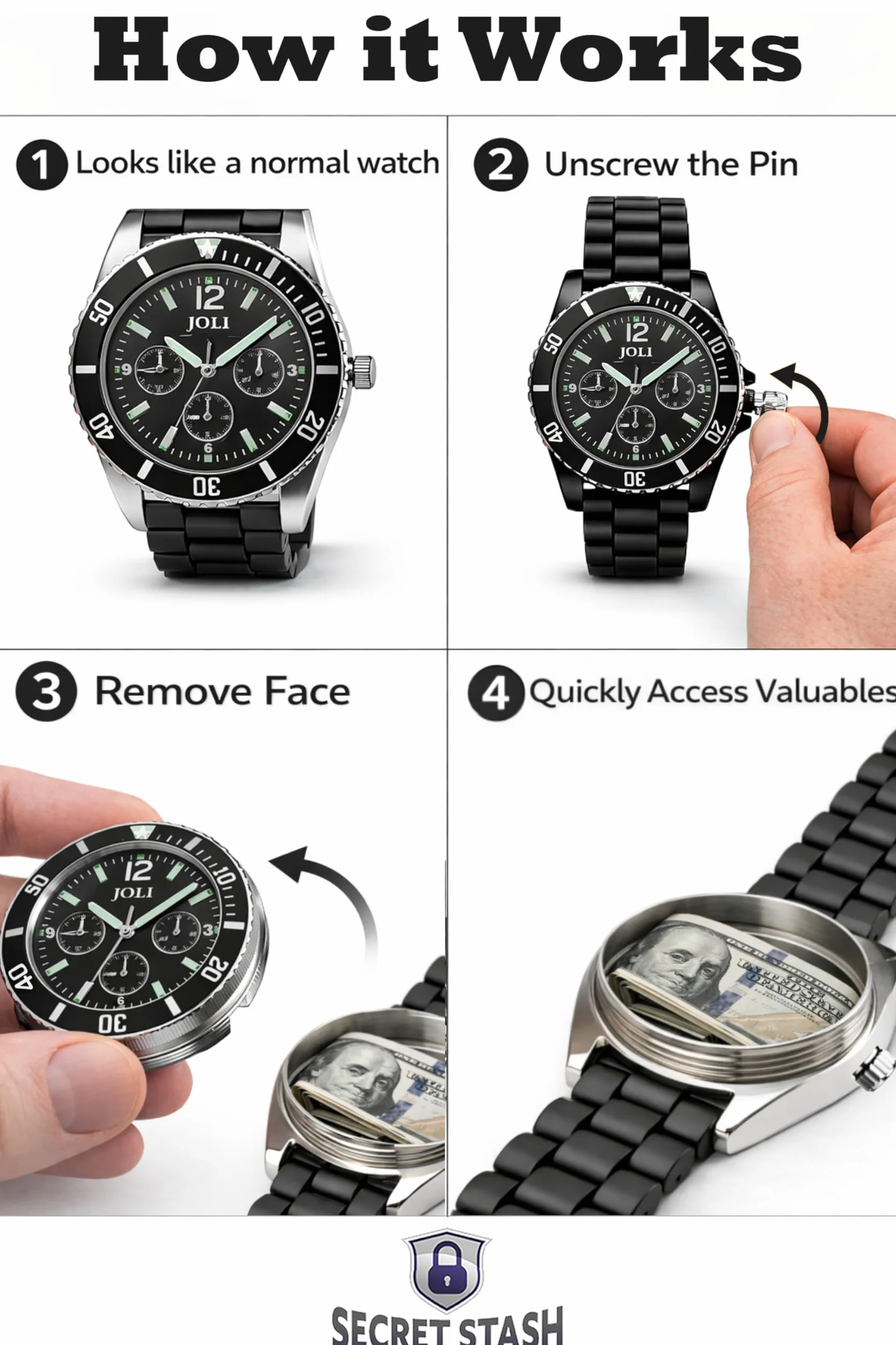 Secret Stash Hidden Watch Safe - Reloj de pulsera con compartimento secreto para dinero, píldoras y joyas - Incluye caja de regalo