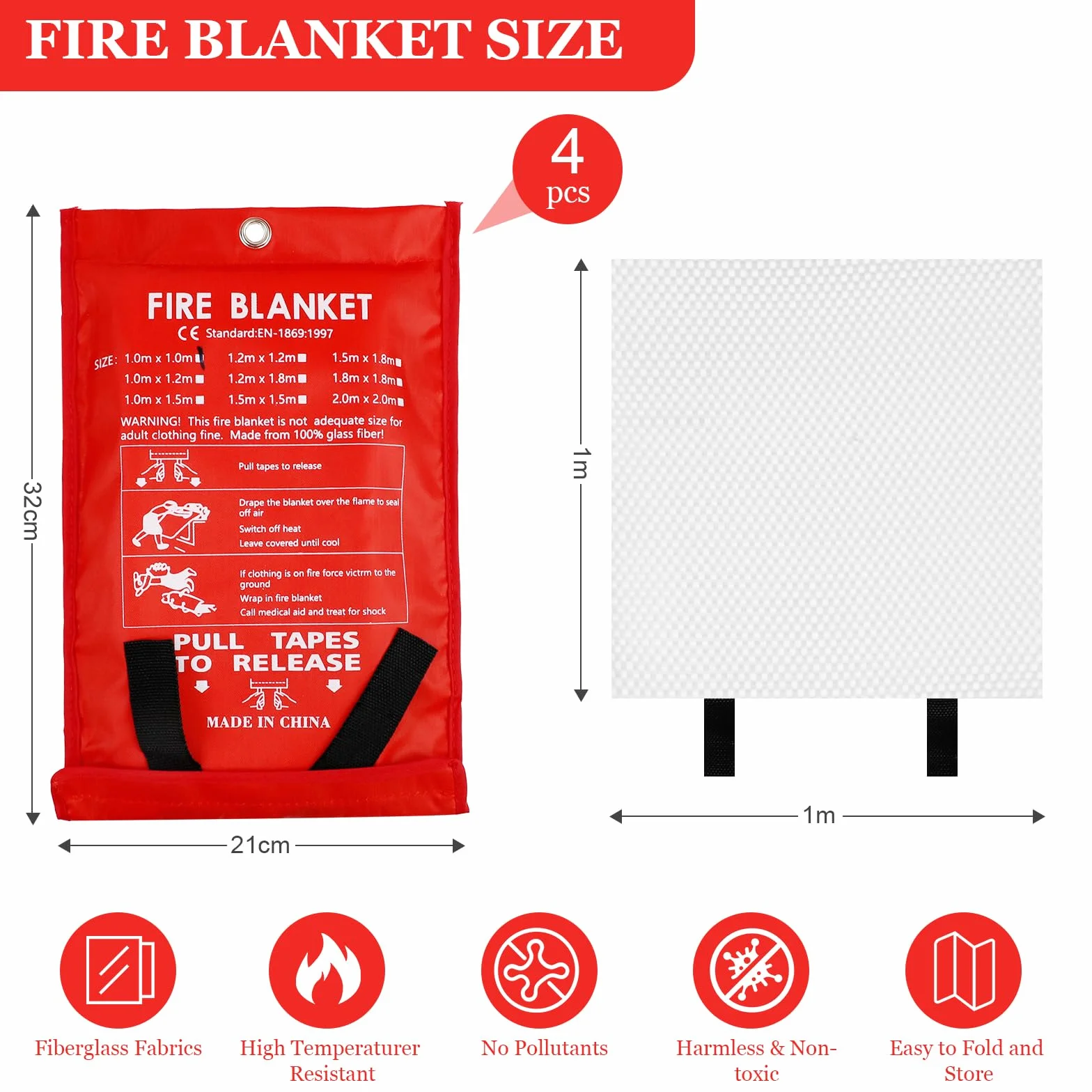 4 Piezas Manta Ignífuga, 1m x 1m Manta de Fuego de Fibra de Vidrio, Manta de Emergencia contra Incendios, Manta contra Incendios, Manta Ignífuga de Emergencia para Casa Cocina