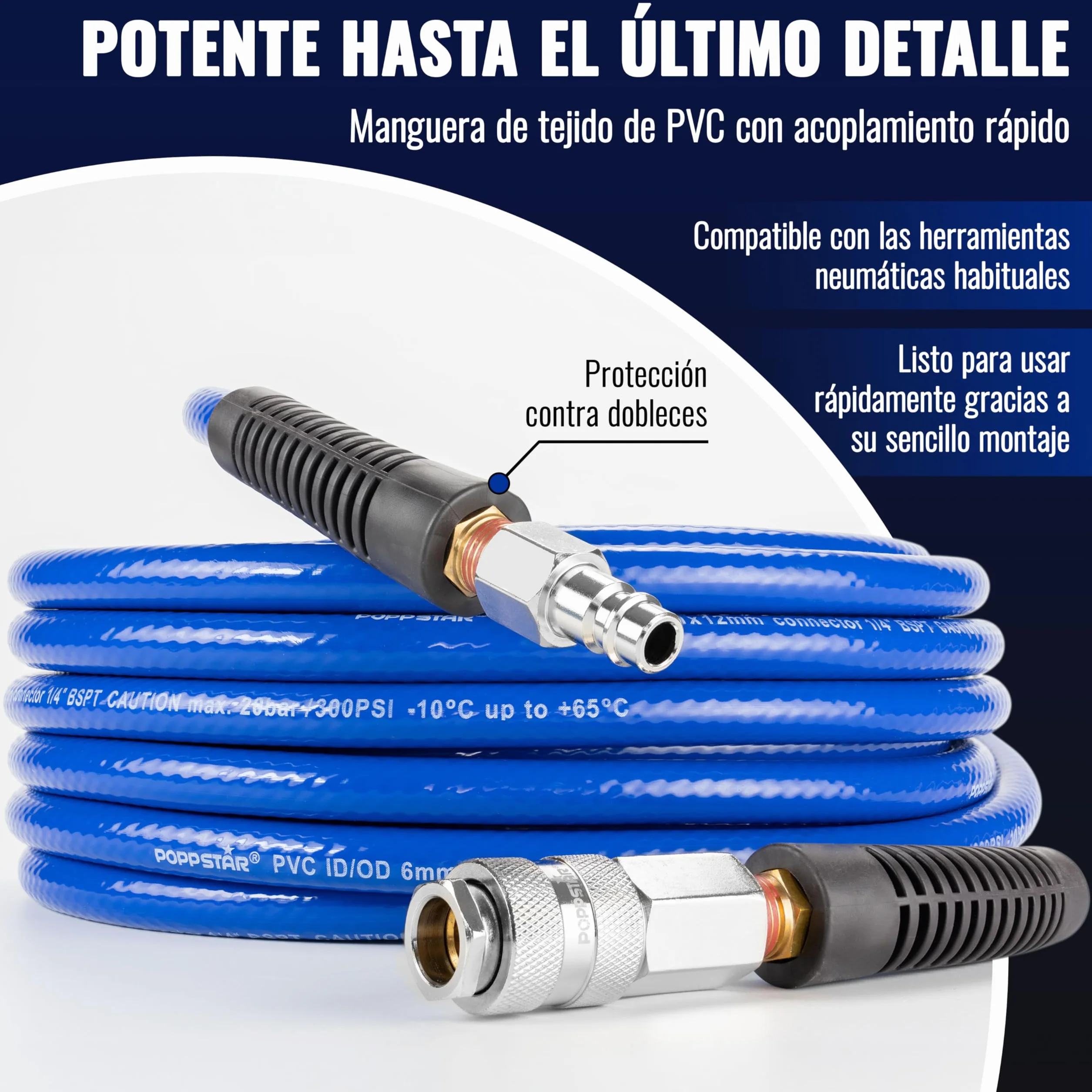 Poppstar Manguera para aire comprimido de PVC 6/12 mm, longitud 20 m, conexión rápida & enchufe macho, 20 bar, azul