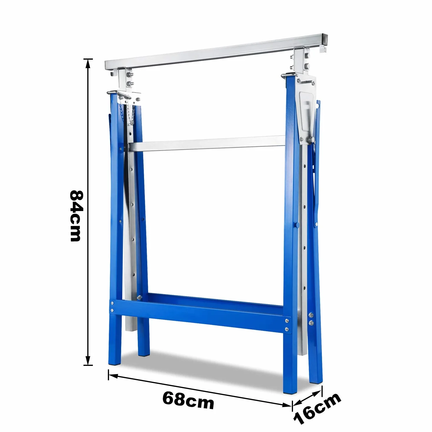 Juego de 2 caballetes telescópicos, altura de trabajo variable 80-130 cm, altura regulable en 7 posiciones, soporte de metal, carga máxima de 200 kg, color azul