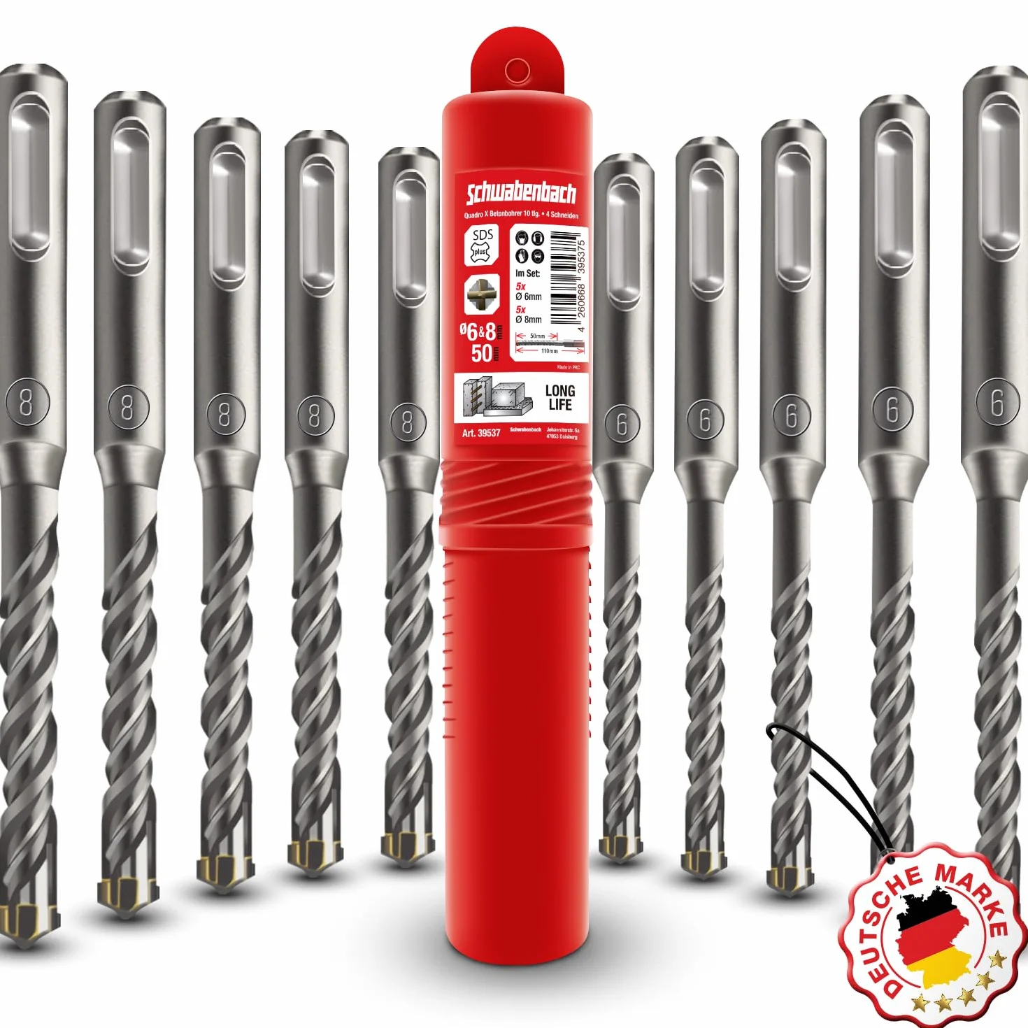 SCHWABENBACH ® - Juego de 10 Brocas SDS PLUS para Hormigón 6 x 110 mm (5 uds.) y 8 x 110 mm (5 uds.). Super SDS para taladro y martillo perforador Bosch, Hilti, Metabo