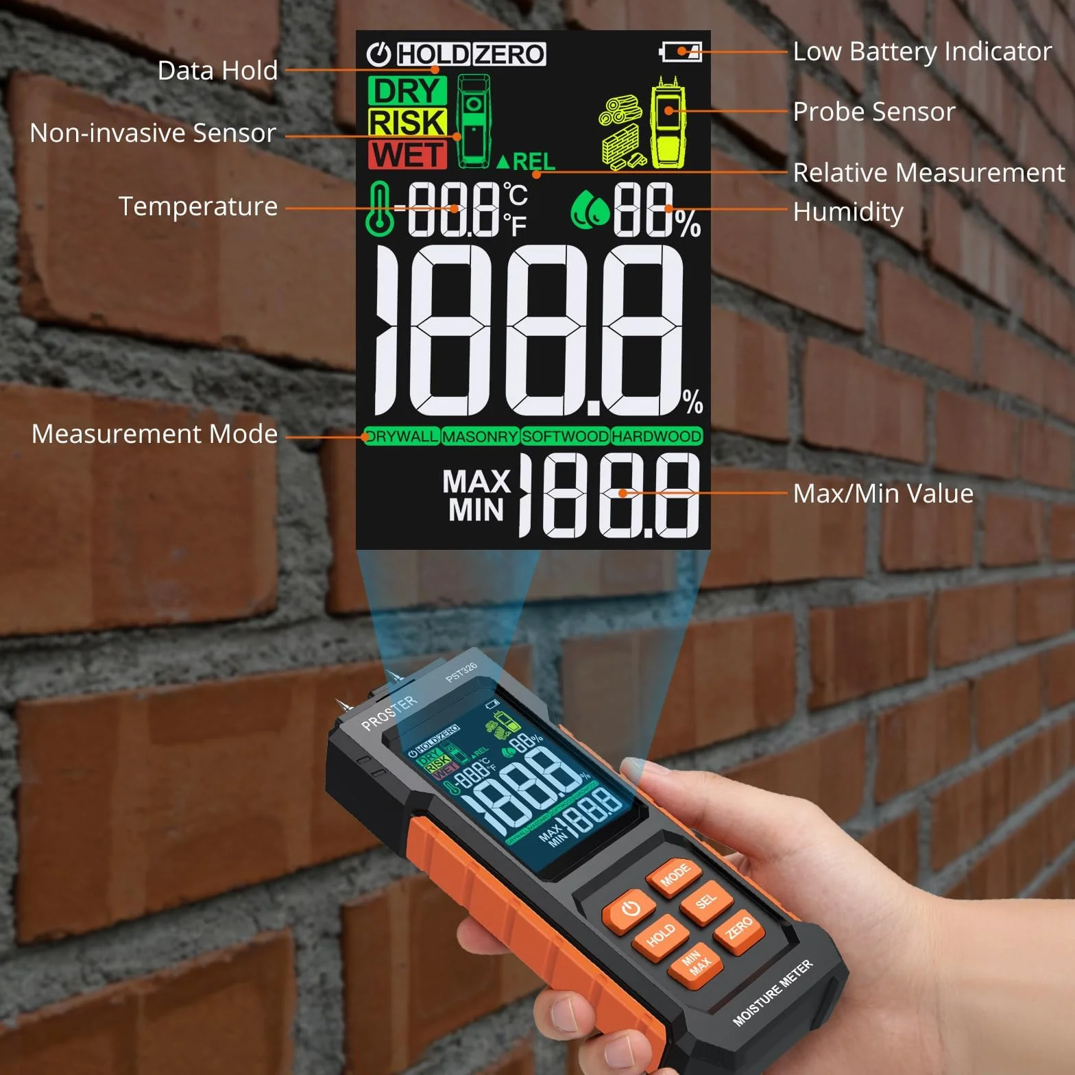 Proster Medidor de Humedad de Madera Probador de Humedad 2 EN 1 con y sin Pin Humidímetro Digital con 4 Modos y Temperatura y Humedad Ambientales para Madera y Materiales de Construcción