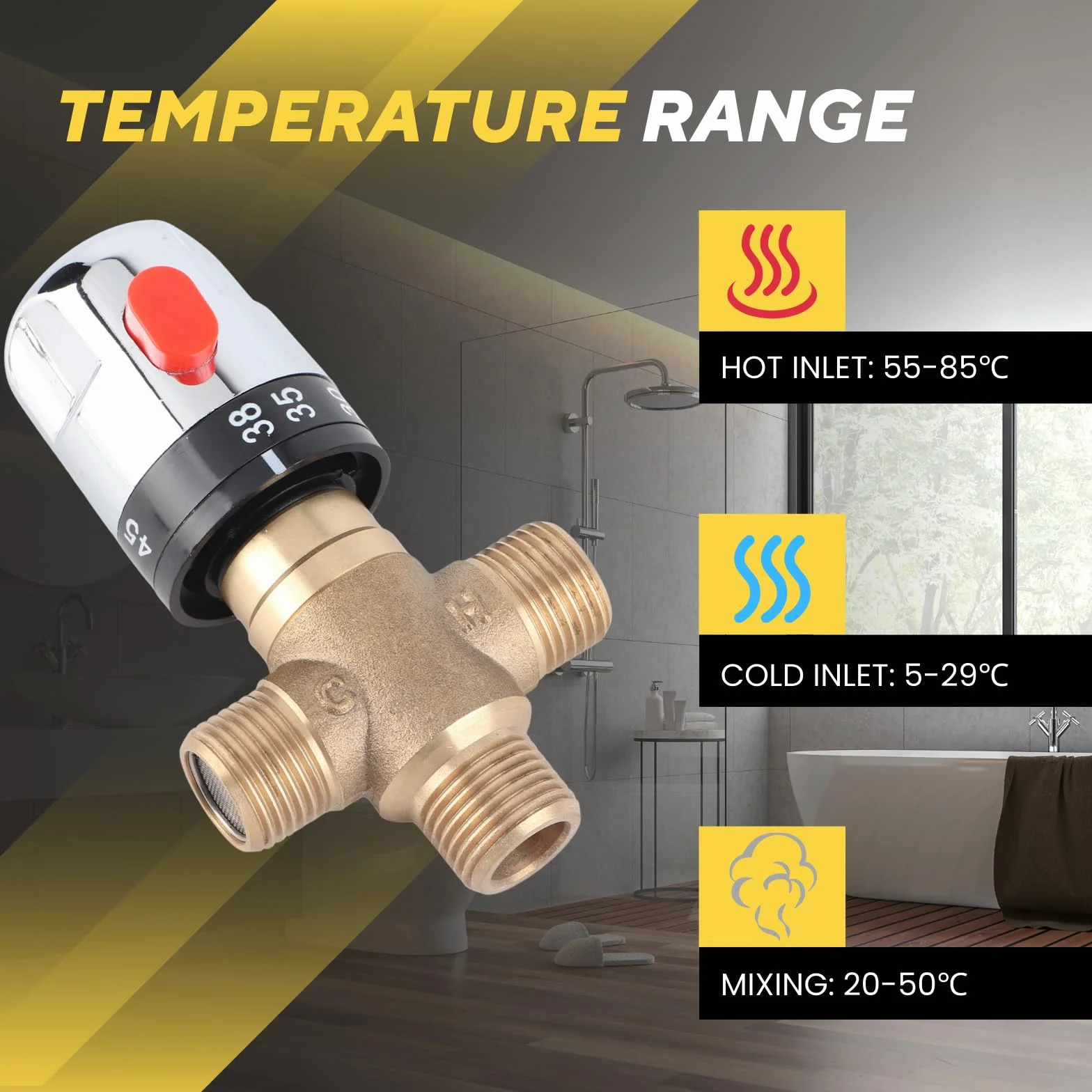 Válvula Mezcladora Termostática Latón 15 mm 38°C Seguridad 42°C Grifo Lavabo
