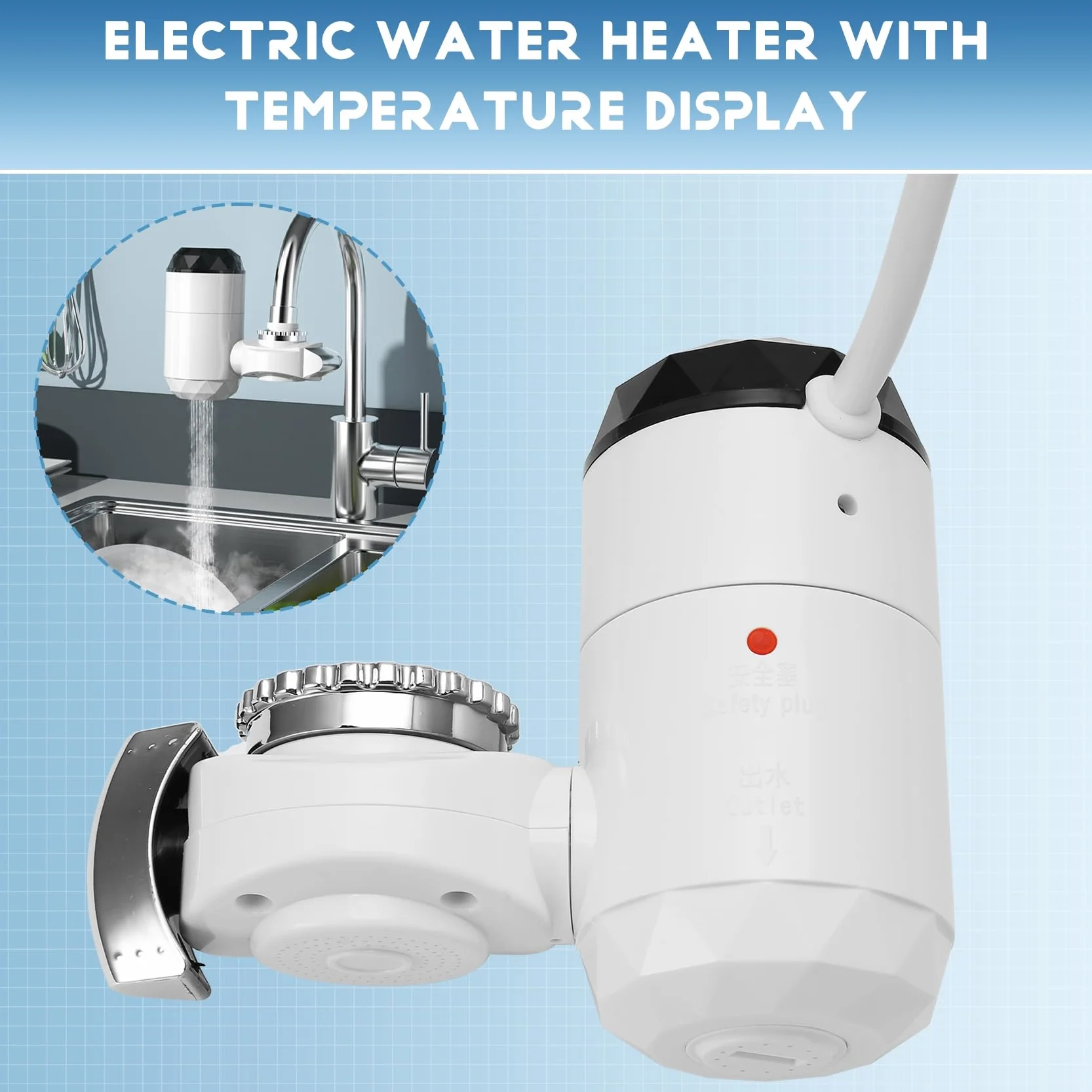 Calentador de Agua Eléctrico con Pantalla de Temperatura para Cocina, Calentamiento Instantáneo Sin Tanque, Enchufe UE