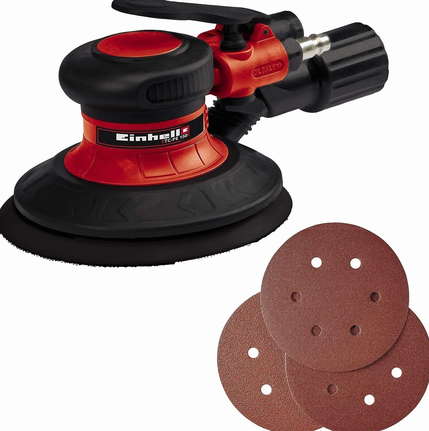 Einhell Lijadora excéntrica de aire comprimido TC-PE 150 (diámetro del disco de lija de 150 mm, palanca de ajuste continuo, incluye 6 papeles de lija, boquilla y llave dinamométrica)