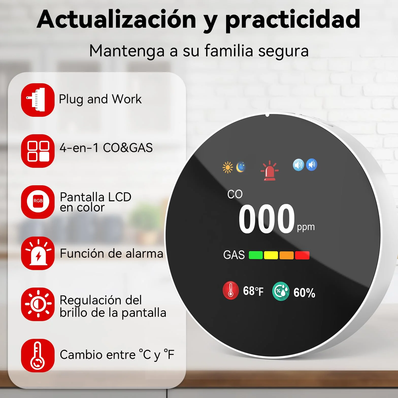 Detector de Monóxido de Carbono y Gas con Enchufe, Combinado Detector de CO 4 en 1 con Sensor de Temperatura y Humedad, Alarma Sonora para Hogar y Caravana, 1 Pieza