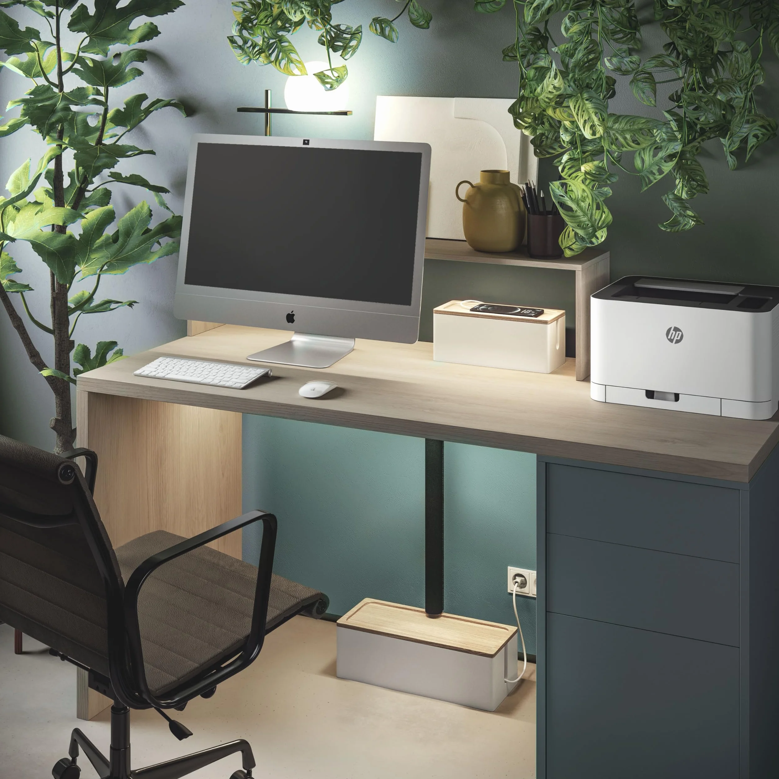 Nature Supplies Organizador de Cables de Madera de Pino Blanco - Caja Mediana para Escritorio y Grande para Piso