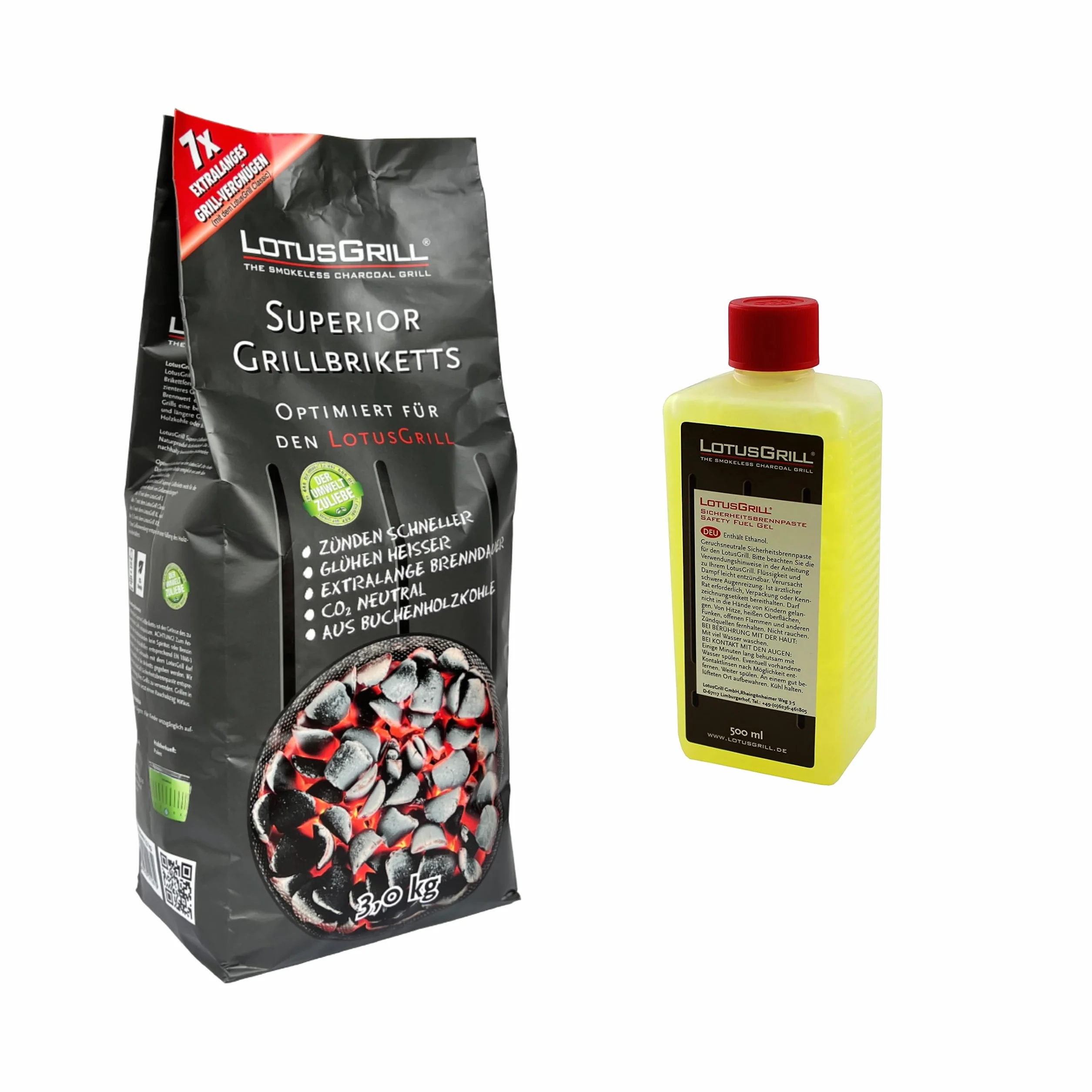 1 briquetas LotusGrill Superior para barbacoa de 3 kg + 1 pasta de combustión LotusGrill de 500 ml – CO2 neutro, se enciende rápidamente + tiempo de combustión