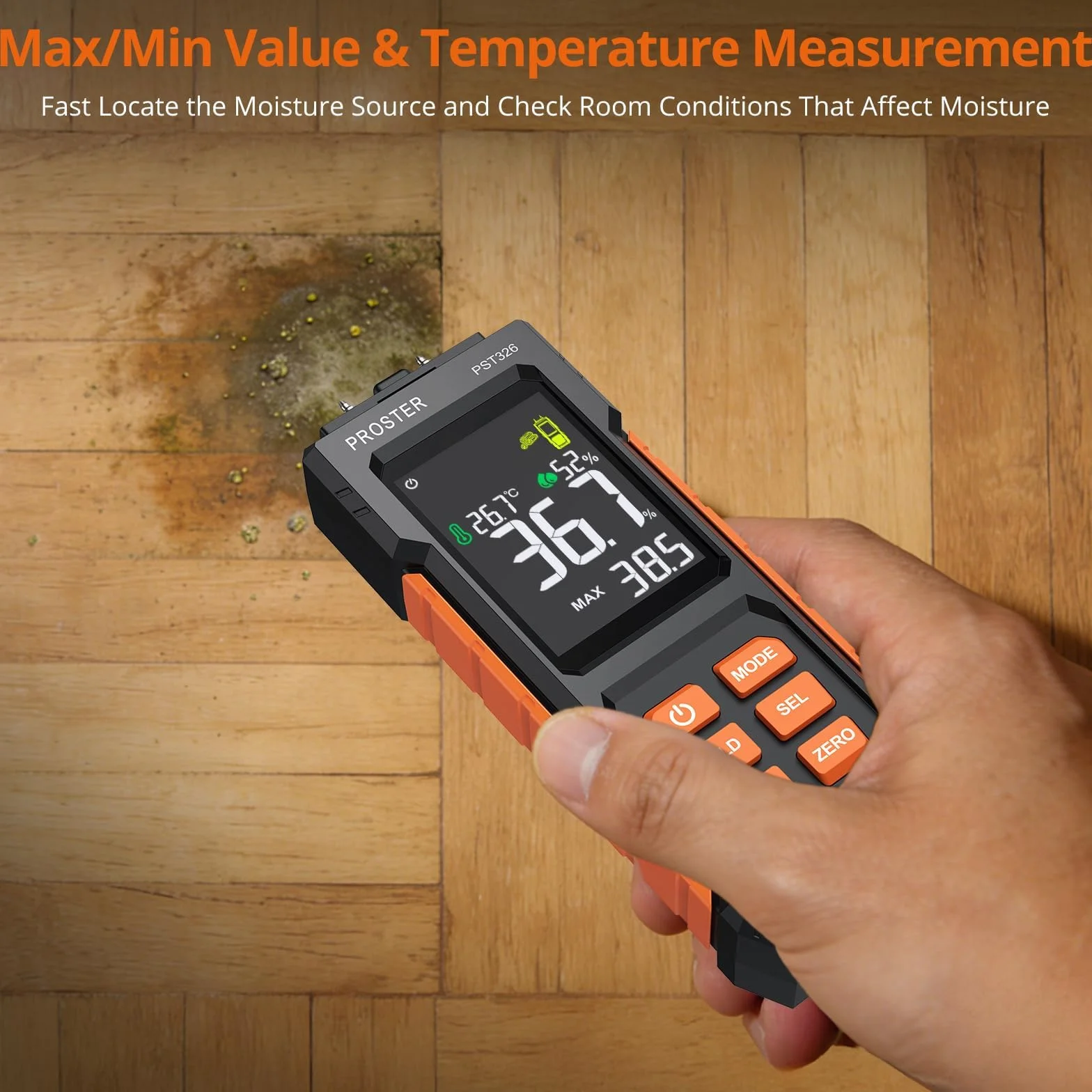 Proster Medidor de Humedad de Madera Probador de Humedad 2 EN 1 con y sin Pin Humidímetro Digital con 4 Modos y Temperatura y Humedad Ambientales para Madera y Materiales de Construcción