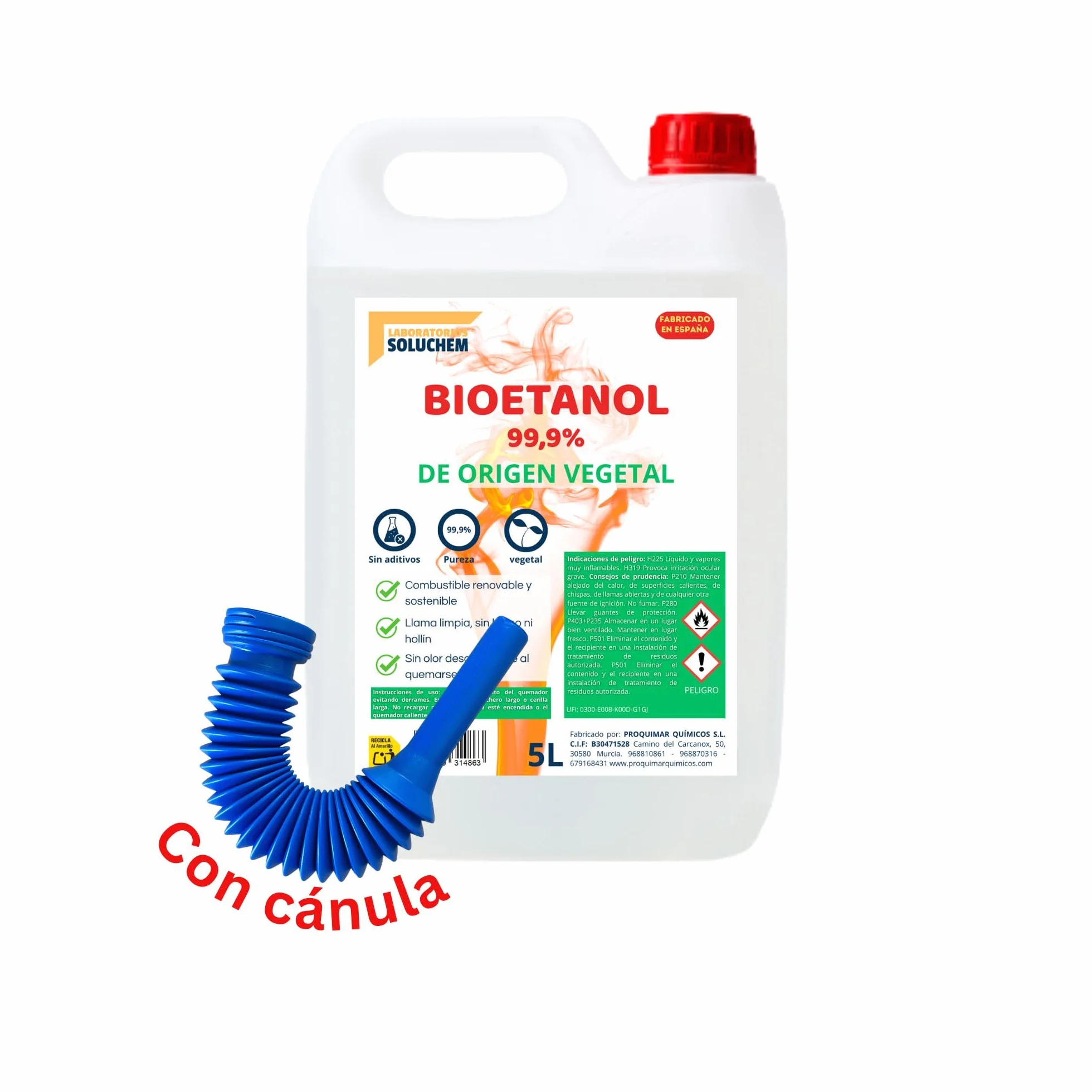 Bioetanol 99,9% Origen Vegetal | Con Cánula | Combustible Limpio para Chimeneas de Bioetanol | Sin Humo ni Olor | Ecológico y Renovable | Apto para Quemadores y Estufas de Bioetanol